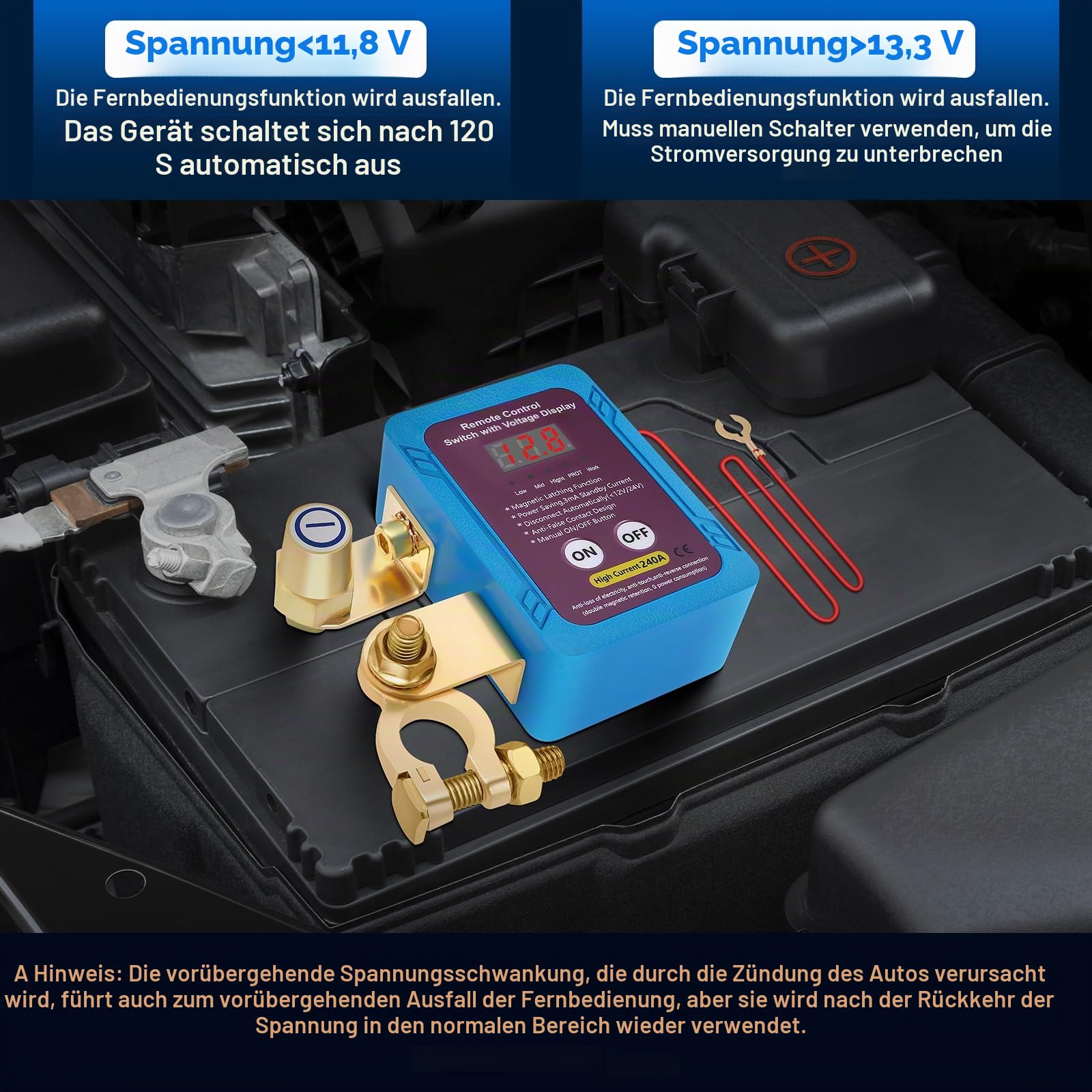 Drahtloser Ferngesteuerter Auto Batterie Trennschalter, 12V 240A Anti-Diebstahl-Automatik Cut/Shut Off mit Fernbedienung Kill Switch für Auto, LKW, RV, ATV, Boot