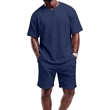 August Alley Men's 2 Piece Summer Set Outfits | 2 Piece, Outfits, Casual Shirt and Shorts Set, Waffle, Short Sleeve, Henley, Summer, Tracksuit with Pockets