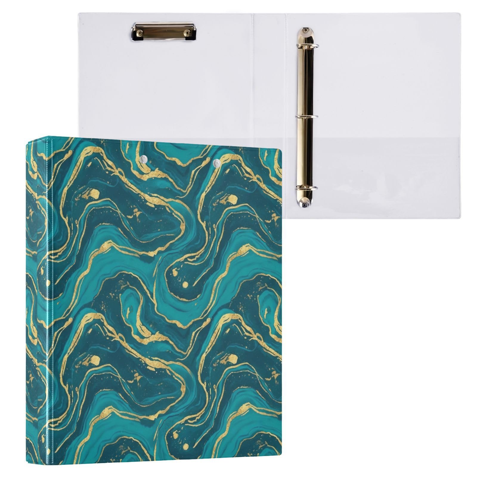 Carpeta de 3 anillos con estampado de mármol turquesa verde azulado de 1.5 pulgadas, carpeta de anillos en D, paquete de 2 | Con portapapeles y bolsillos, para escuela, universidad, oficina
