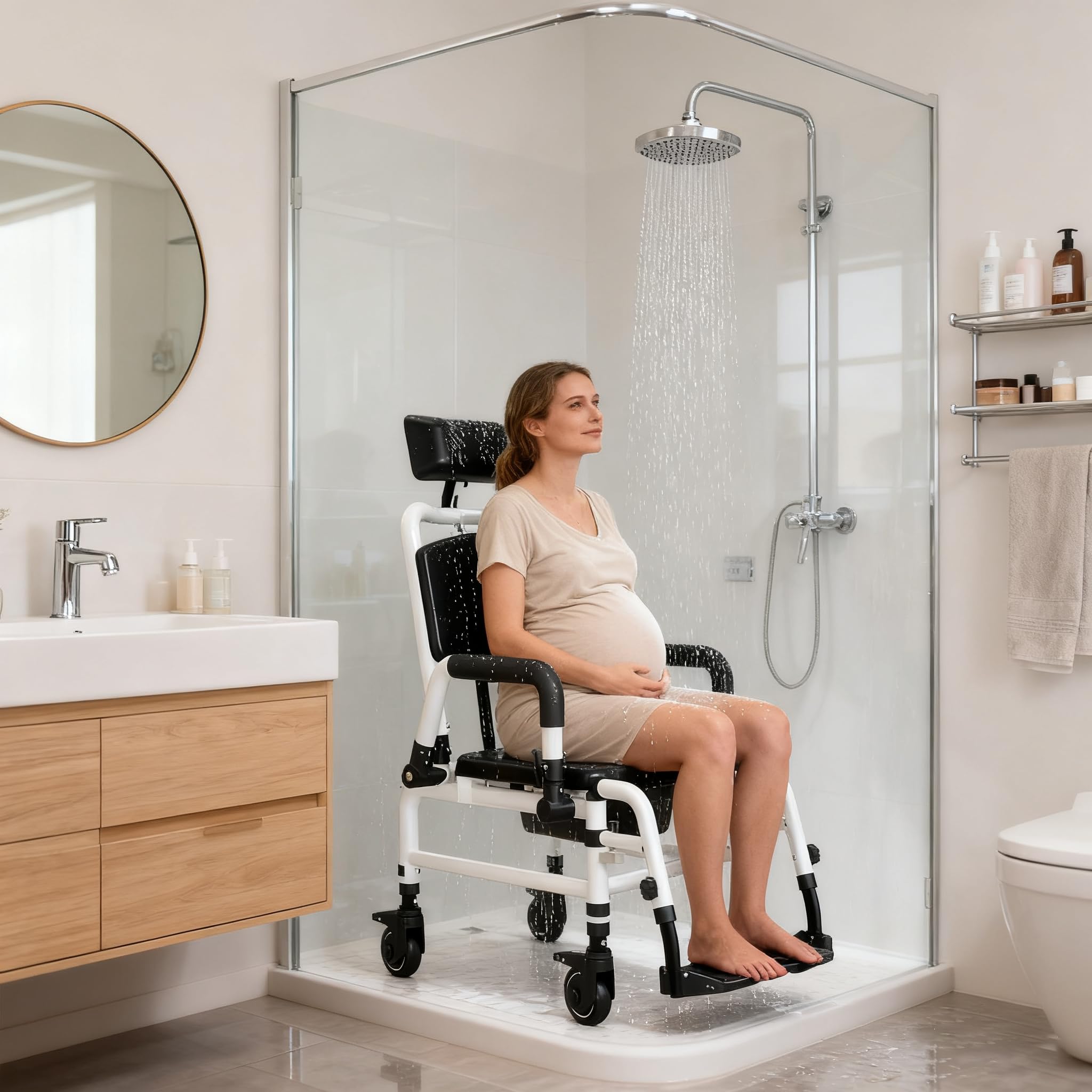 NJUN Silla de Ruedas para Baño y WC con Ruedas, Silla WC con Ruedas para Personas Mayores, Silla de Baño Reclinable con Respaldo Ajustable 140°, Reposacabezas Ajustable y Cubeta Extraíble