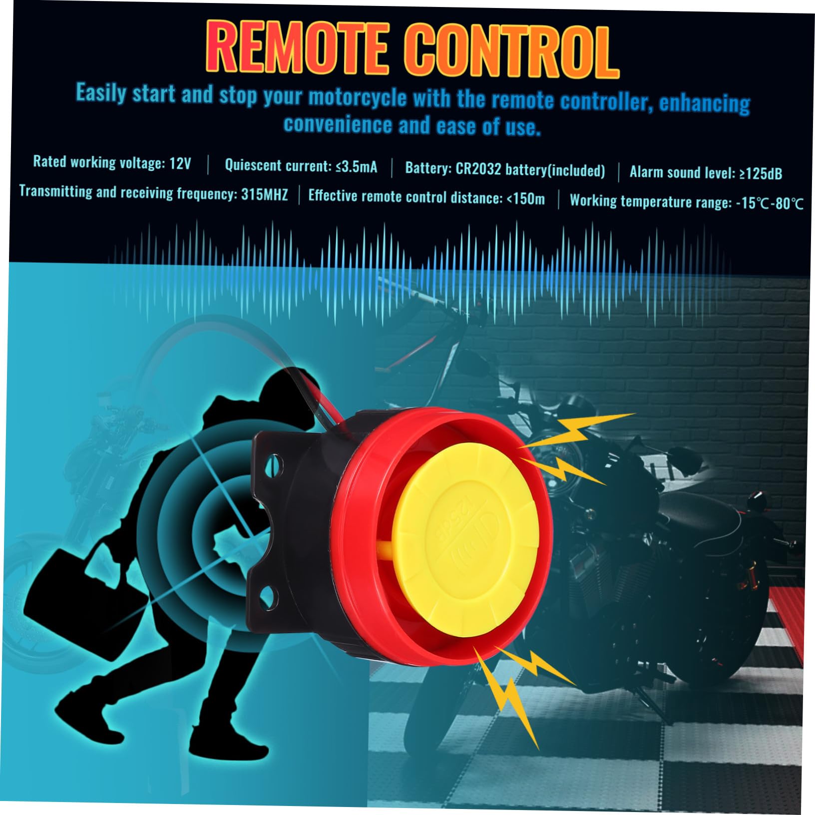 Allarme Antifurto Moto 315mhz Abs con Avvio Remoto | Scooter e Motociclette, Nero, Batteria Inclusa e Telecomando, Quiescente ≤3, 5