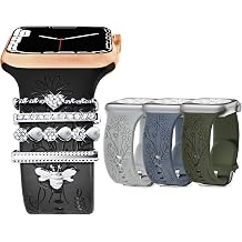 Watch Band Charms Band Included & 3 Pack Wildflower Engraved Bands, Compatible with Apple Watch Band 40mm 38mm 41mm