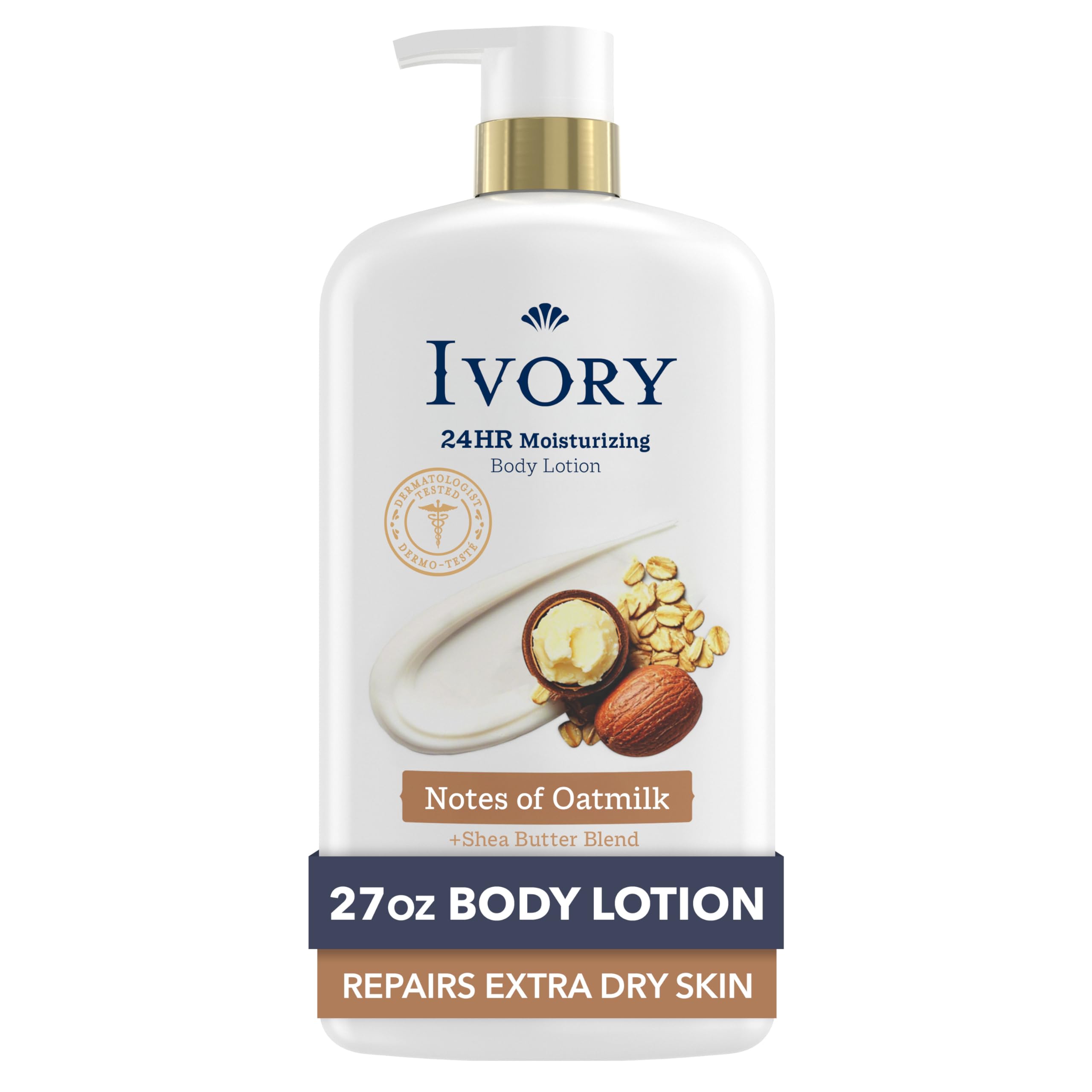 Ivory Hand & Body Lotion, 24hr Moisturizing, Repairs Extra Dry Skin, All Day Hydration, Lightweight Formula, Absorbs Instantly, Perfect for Daily Use, Shea Butter Blend, Oatmilk Scent, 27 fl oz