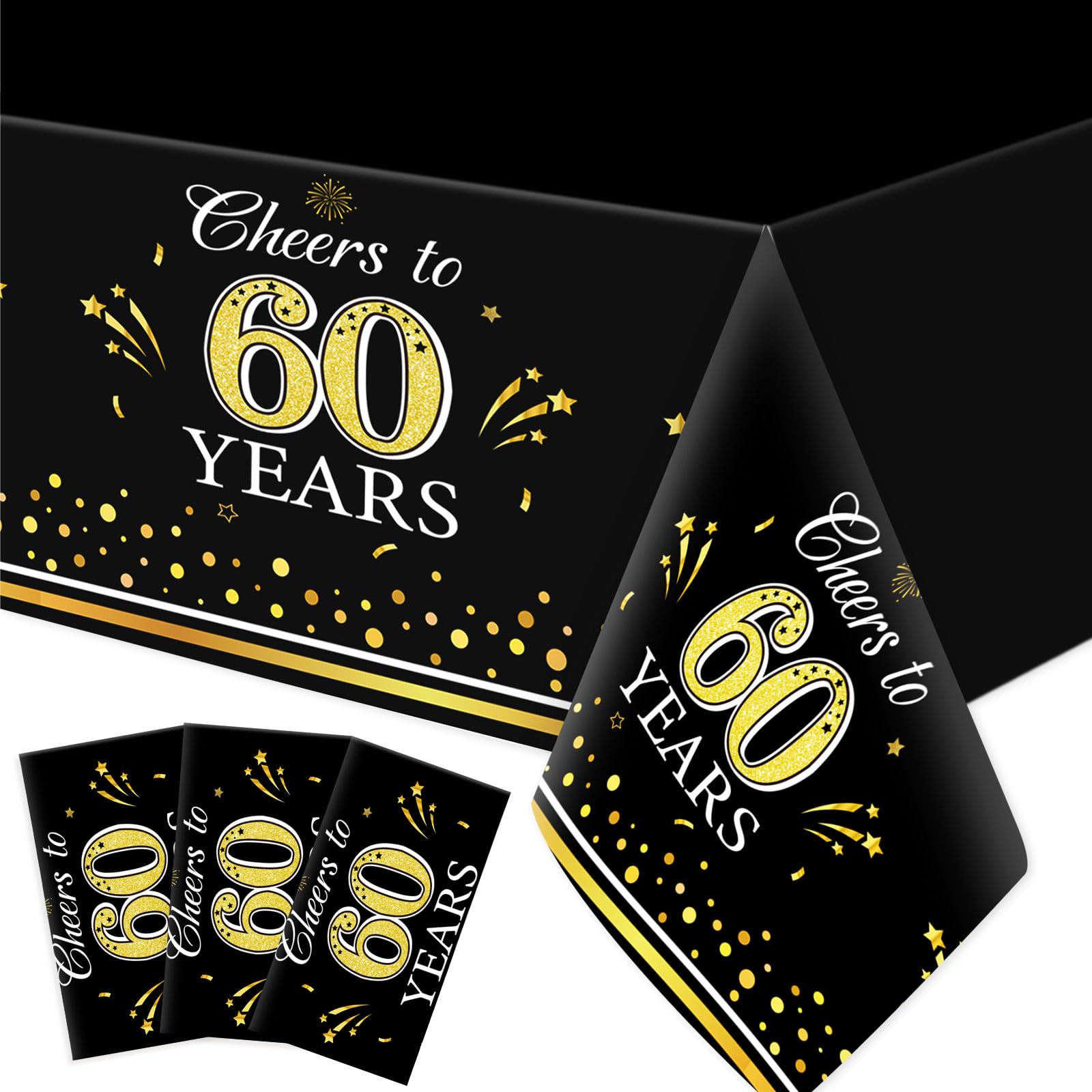 Ganeen 3 Pcs 60th Birthday Tablecloths Black Gold Disposable Plastic Cheers to 60 Years Table Cloths Waterproof Rectangle Table Cover for Anniversary 60th Birthday Party Decoration, 54 x 108 Inch