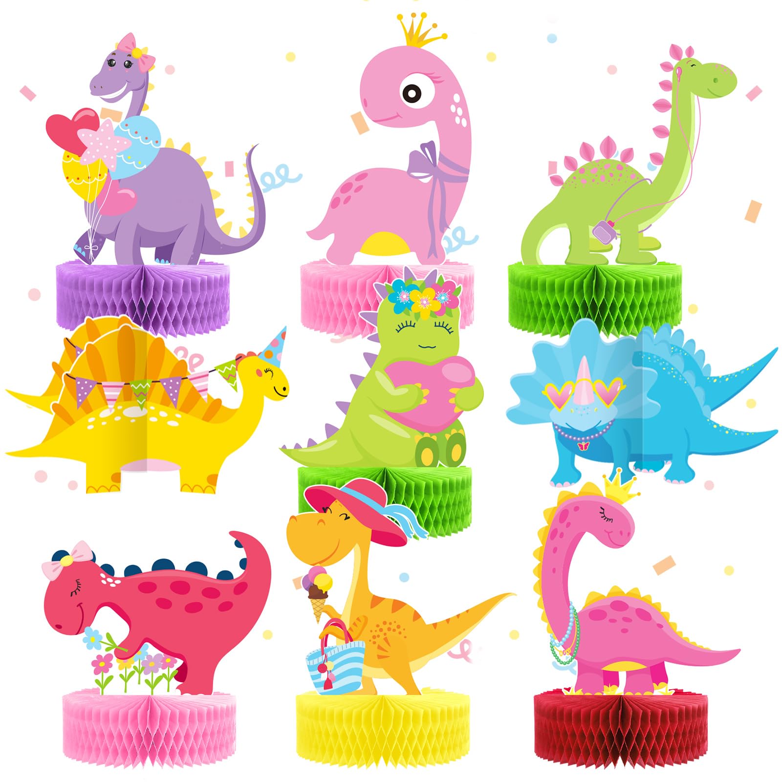 Leinuosen 9 Pcs Girls Dinosaur Birthday Decorations Pink Dinosaur Party Decorations Table 3D Honeycomb Centerpieces Girls Pink Table Toppers Birthday Party Supplies for Baby Shower Decor Props