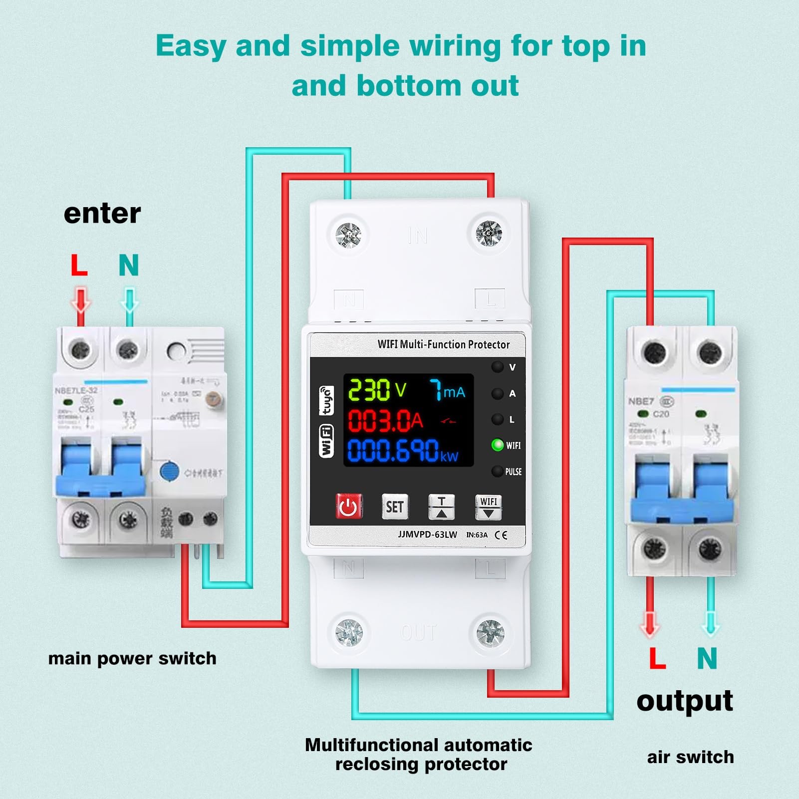 DEWIN Contatore Energia Elettrica WiFi,63A 220V Protettore di Sovratensione e Sottotensione Misuratore Energia Elettrica WiFi Scaricatore di Sovratensione 220V