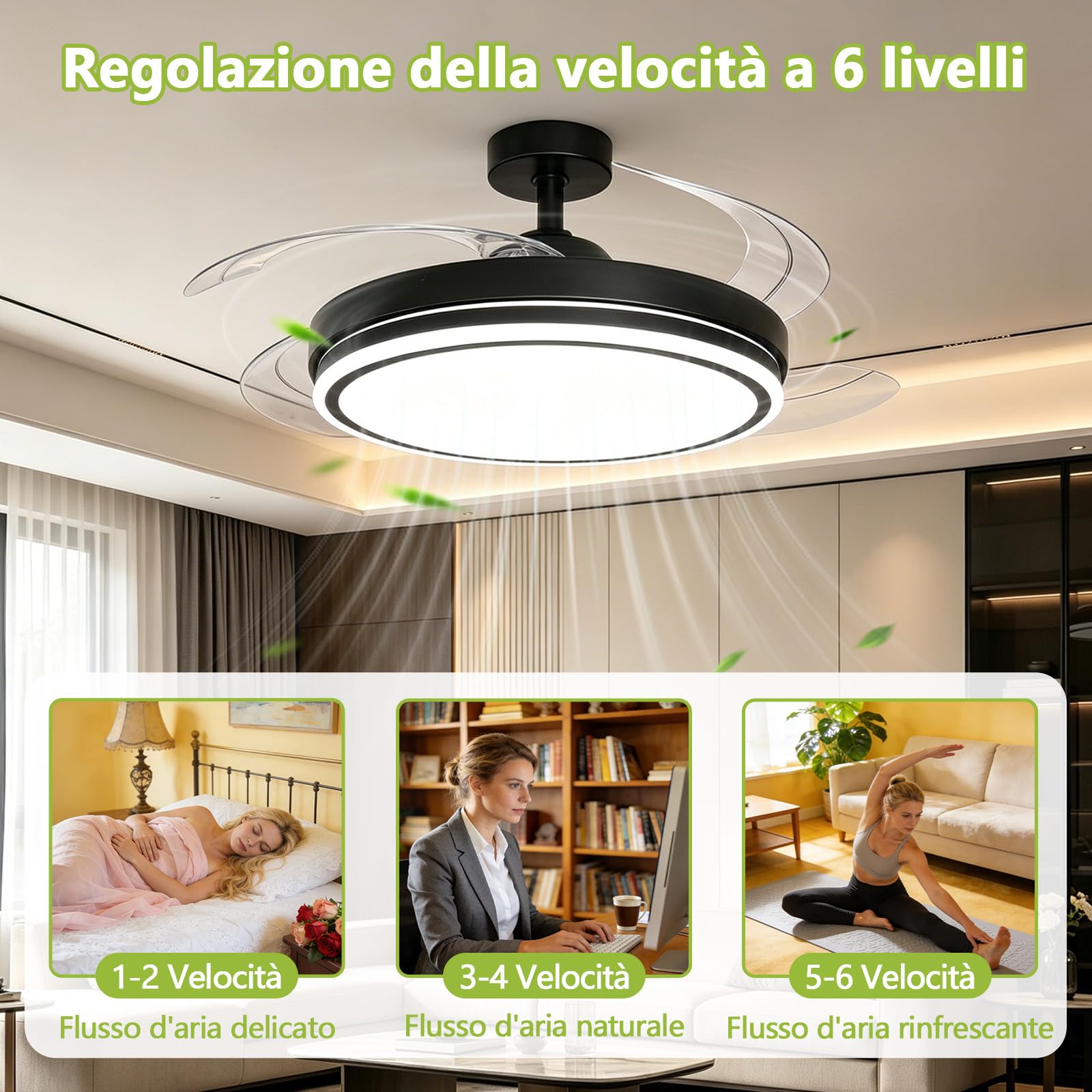 Ventilatore Soffitto Illuminazione LED 30W 3CCT 6500K/4500K/3500K 4094LM Dimmerabile 10%-100% 6 Velocità Timer Silenzioso per Soggiorno E Camera Letto Nero