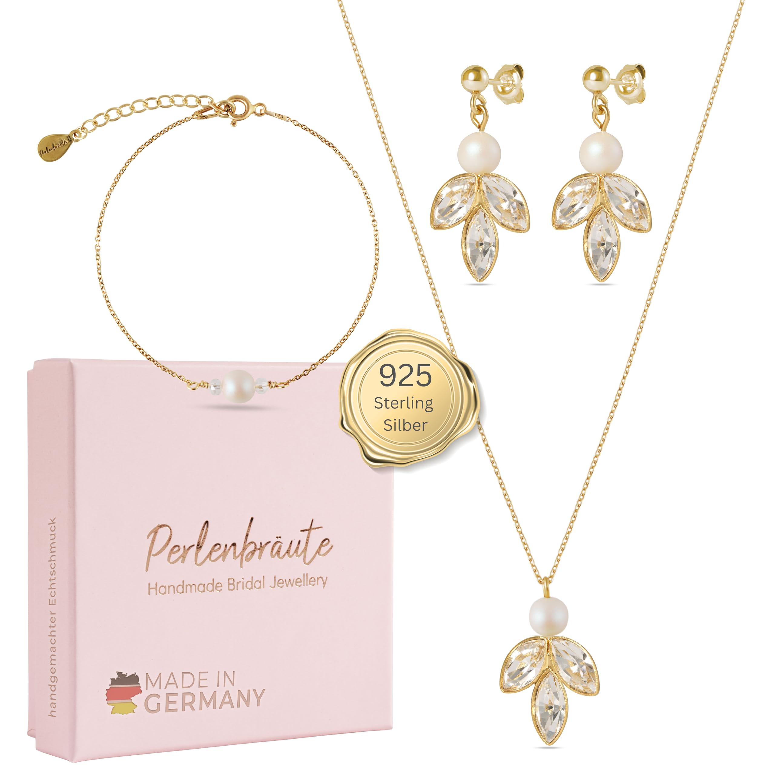 Schmuckset gold Braut - premium Zirkonia 925 Brautschmuck Set gold mit Perlen - hochwertiges Hochzeitschmuckset - Damen Schmuck Set Geschenk Braut Hochzeit