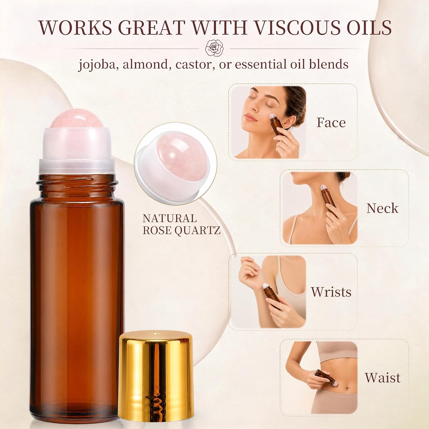 Roller Ball Applicator,Rose Quartz Roller Ball Bottle,50ml Refillable Amber Glass Roll On Bottles with Natural Crystal Roller Balls,Suitable for Essential Oils (Pink)
