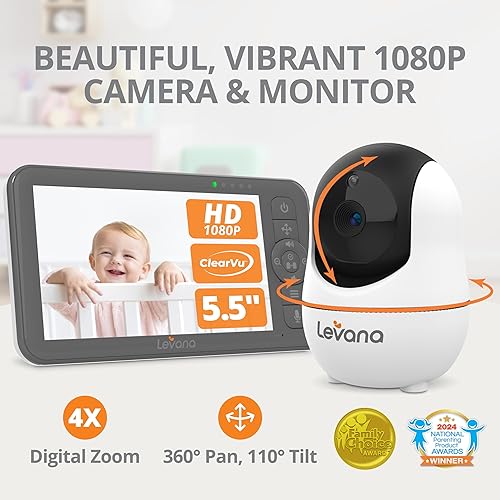 Miniatura 2 de Levana Nala - Monitor de bebé de video HD de 5.5 pulgadas, cámara PTZ de visión nocturna de 1080P, batería de 22 horas, batería de 5000 mAh, sin