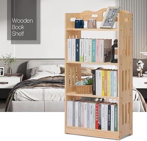 Miniatura 8 de MoNiBloom Estantería de madera con estantes abiertos, organizador de almacenamiento de 4 niveles de madera maciza, estante de libros, organizador de