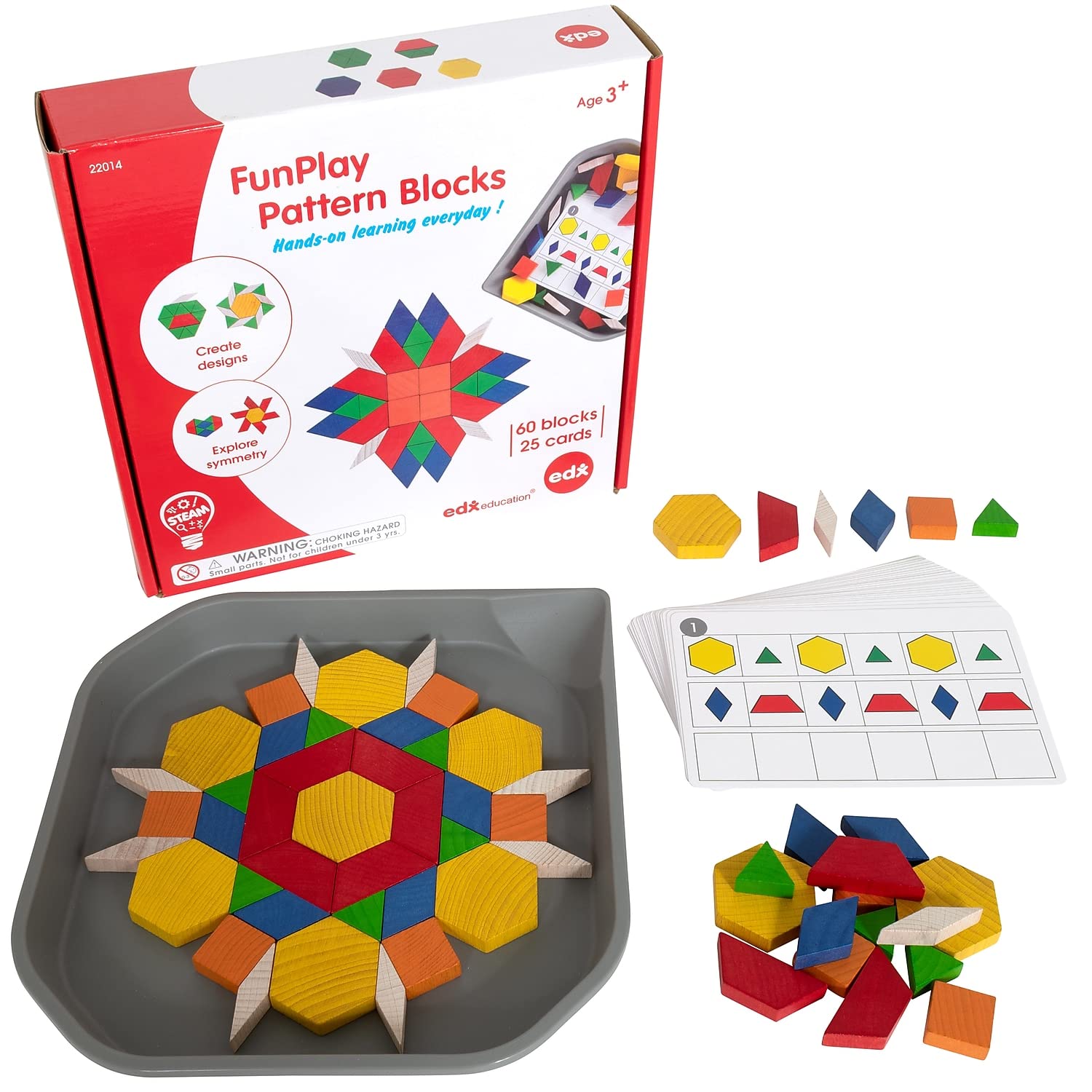 edxeducation FunPlay Pattern Blocks - Homeschool Kit for Kids - Set of 60 Wooden Math Manipulatives + 50 Activities + Messy Tray