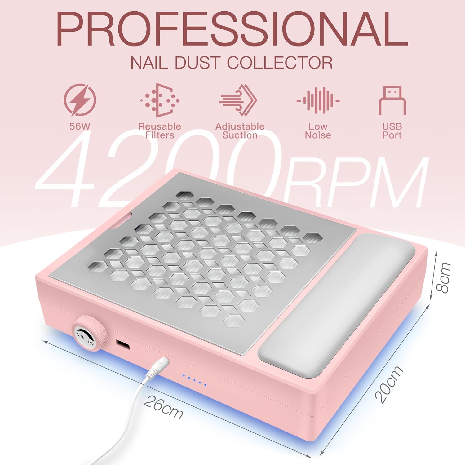 Madenia Powerful Nail Dust Collector - Brushless Quiet Vacuum Suction Fan Extractor with Hand Pillow 2 Filters 1 Brush, Nail Dust Cleaner Machine for Acrylic Gel Nail Polishing Nail Tech Use, Pink