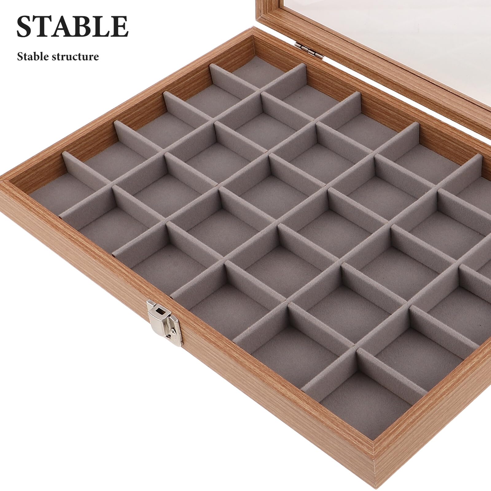 Scatola Porta Campioni Minerali a 30 Scomparti con Coperchio | Espositore in Legno Beige, Protezione Trasparente per Collezioni di Cristalli e Pietre, 35x24x5cm