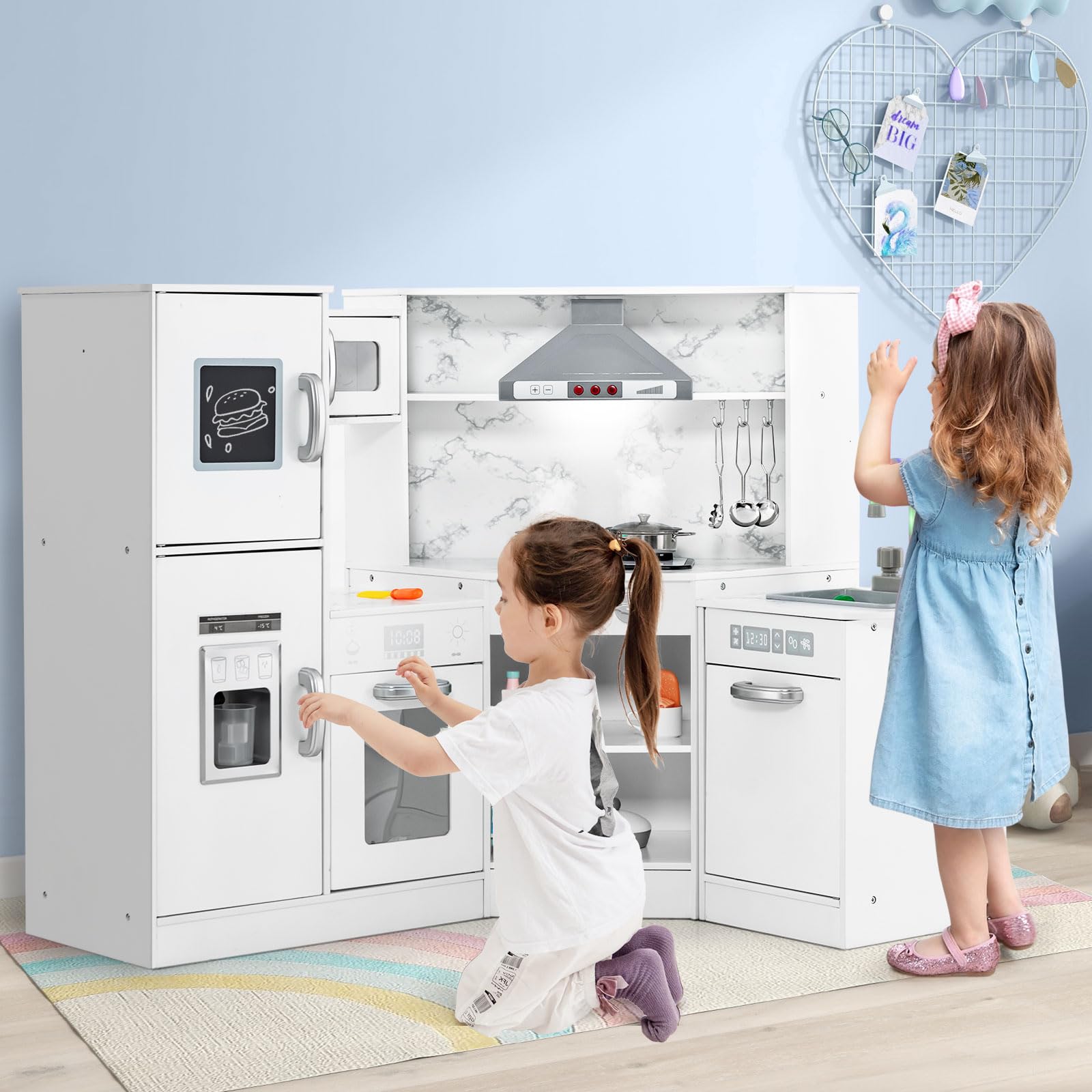 Condition photo showing Good Condition for infans corner kids kitchen playset, wooden toddler pretend cooking set with realistic light sound stove removable sink,simulation play kitchen toy