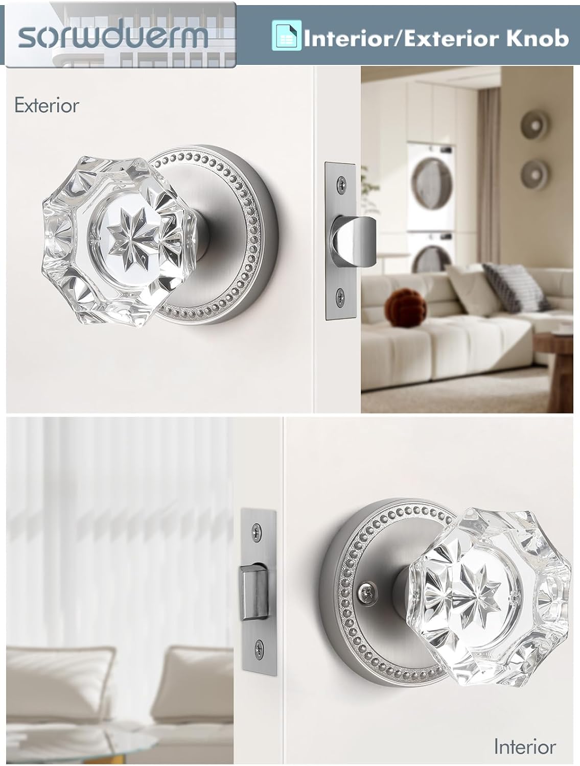 Satin Nickel Door Knobs Crystal Door Knob Brushed Nickel Passage Door Knobs Glass Silver Interior Door Knob for Hall and Closet 1 Pack