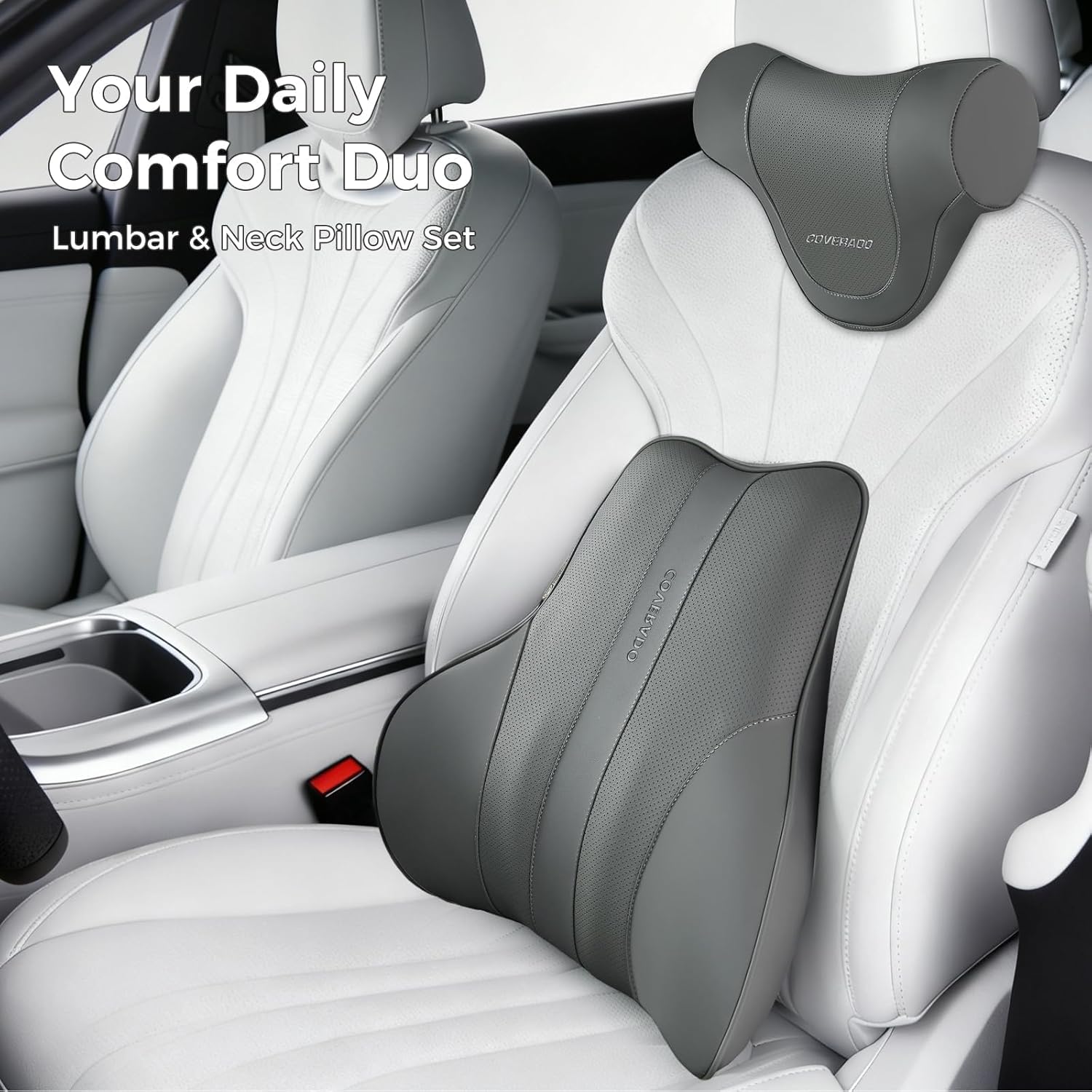 Coverado Lumbar Support Pillow for Car, Ergonomic Memory Foam Back Pillow for Office Chair, Back Cushion for Back Pain Relief, PU Leather Car Lumbar Support for Driving Seat - Gray - Image 8