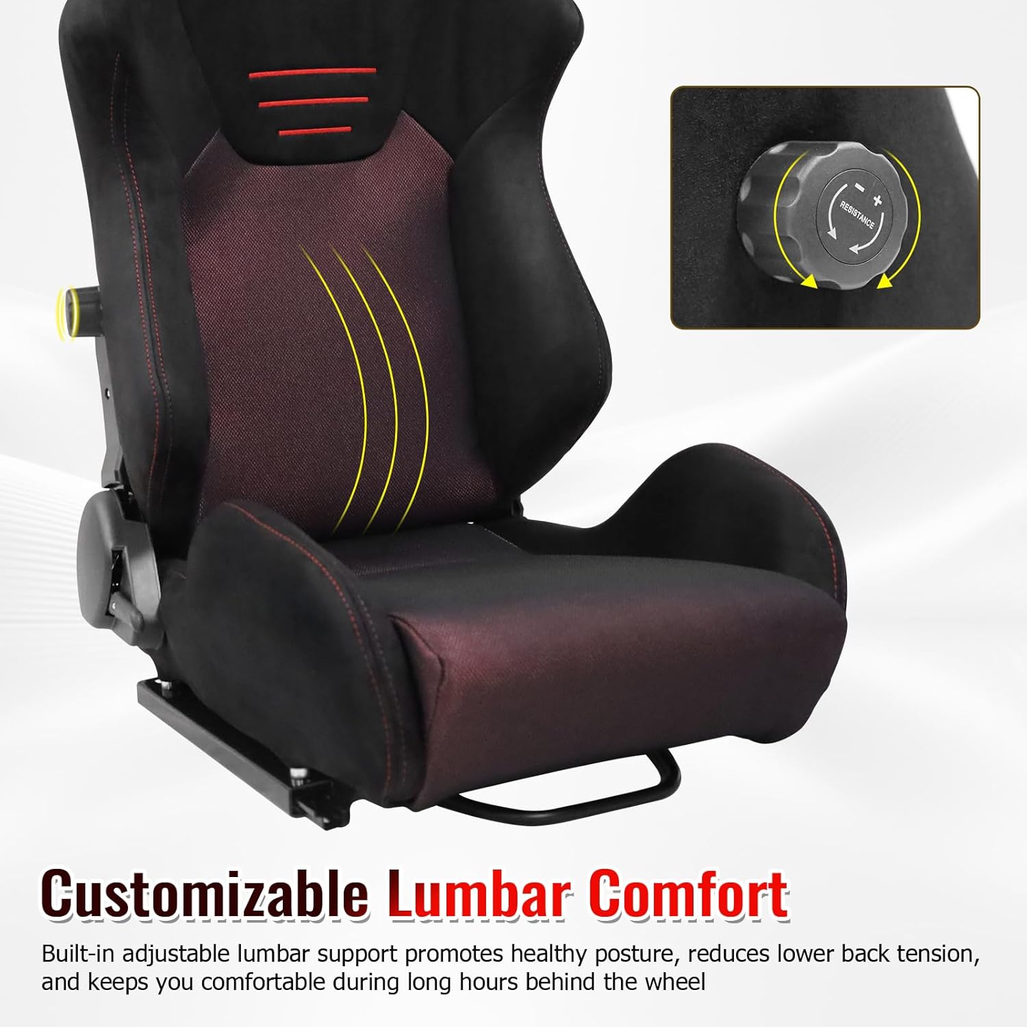 FREEMOTOR802 Reclining Sim Racing Seats with Dual Lock Slide Rails, Universal Fit Ergonomic Performance Car Sport Seats, Adjustable Lumbar Support, Black Suede + Red Mesh Fabric, Pair