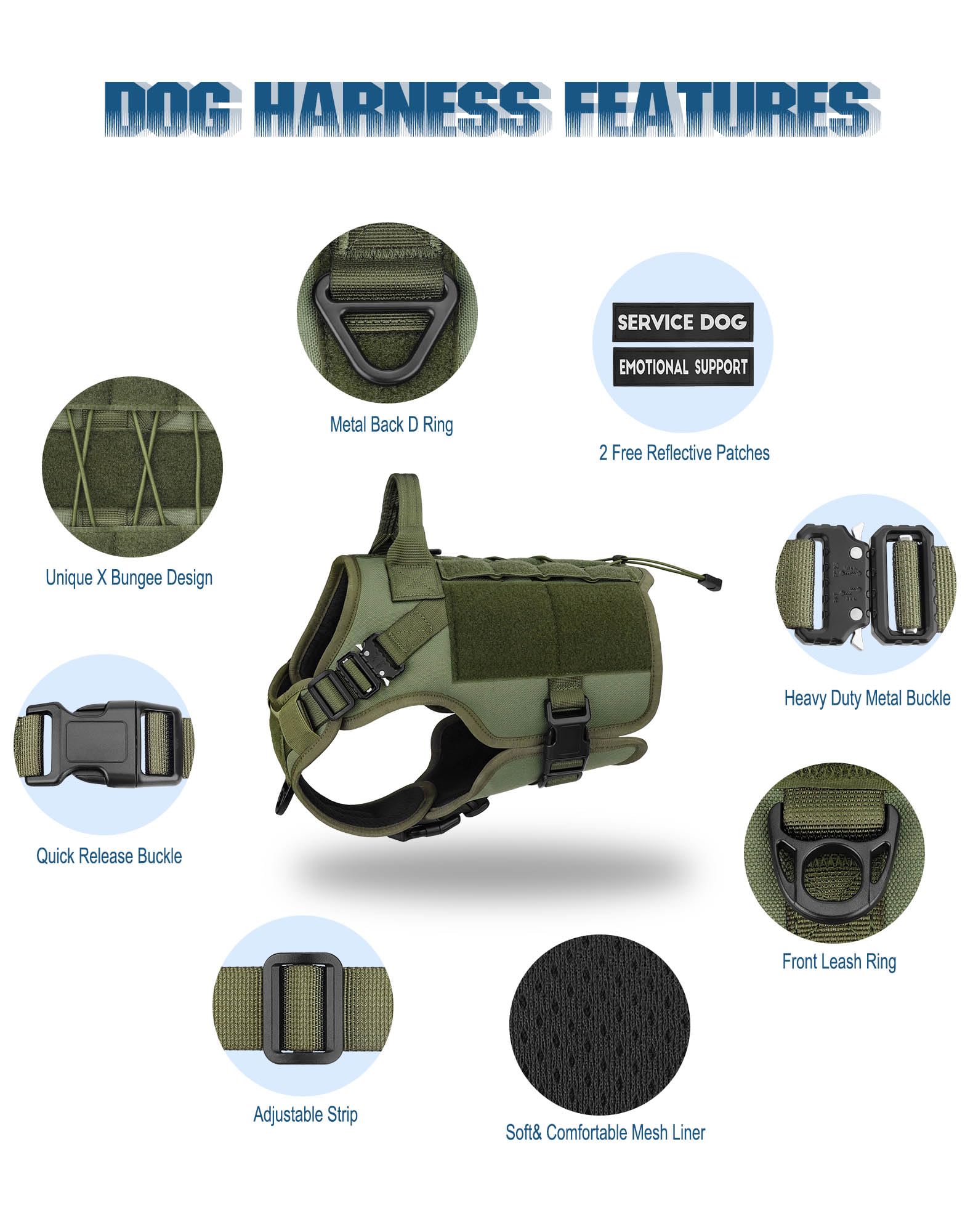 PETNANNY Arnés táctico para perro, arnés para perros de servicio, chaleco de apoyo emocional para perros medianos y grandes, chaleco ESA para perros sin tirones con gancho y bucle, chaleco Molle de
