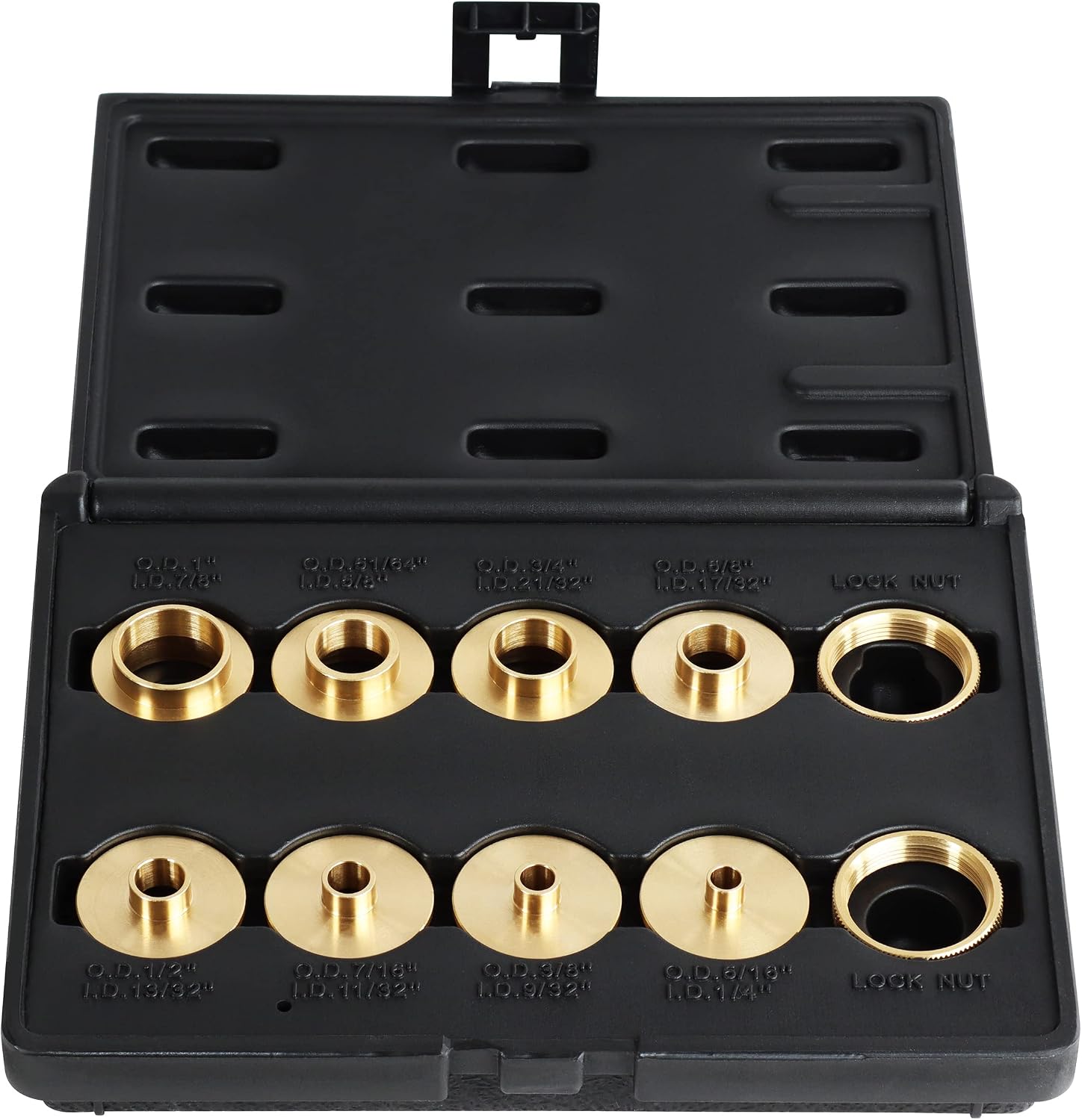 DCT Brass Router Template Guides Bushing 10-Piece Set & Black Carrying Case - Porter-Cable Guide Bushings 5/16 to 1in