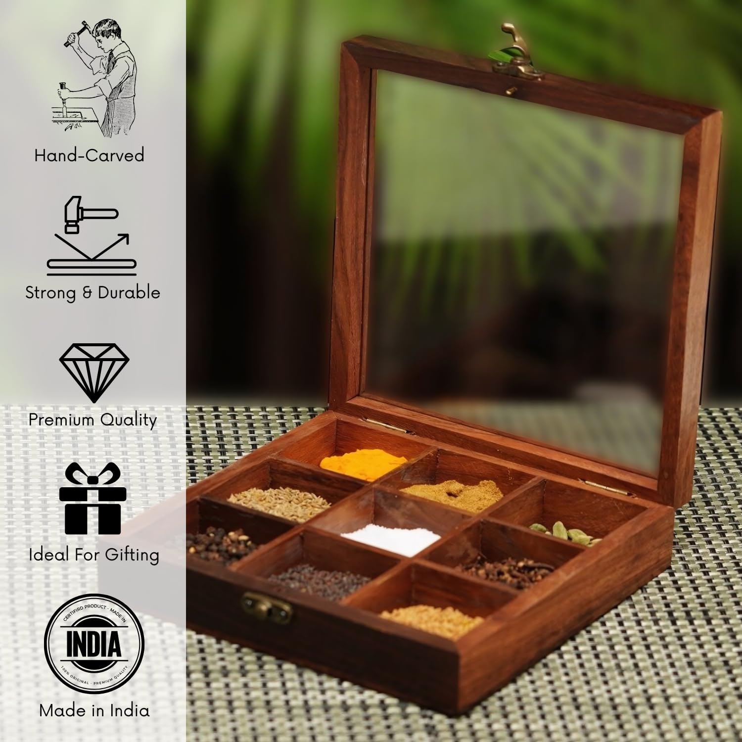 Freakway Sheesham Decorative Multipurpose Wooden Boxes/Masala Dabba Containers Jars & Wooden Masala Box for Kitchen with Spoon (9 Partitions, Non Detachable) 4