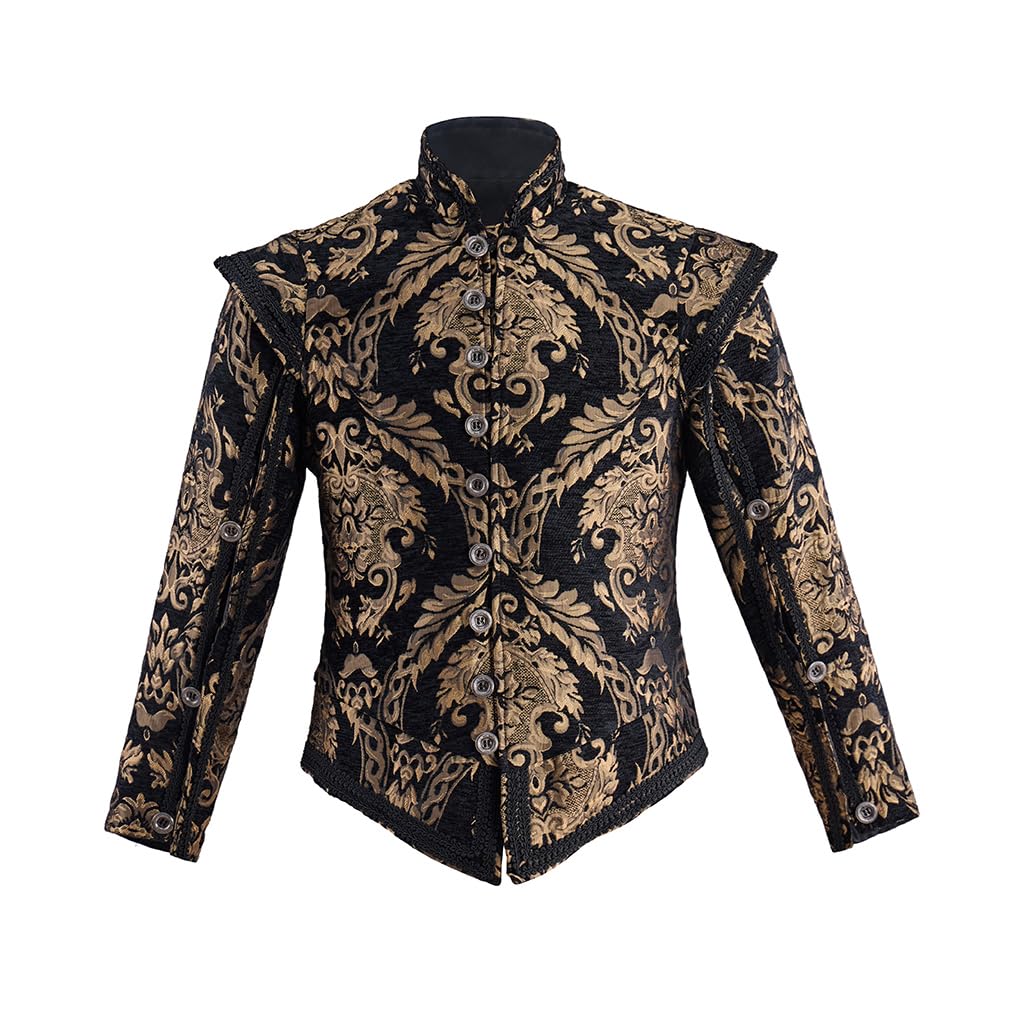 Diajosa cos Tudor Doublet Jacket Mens Elizabethan Tudor Doublet Costume Coat Tudor Prince Noble King Costume Outfit, Black Golden, Large