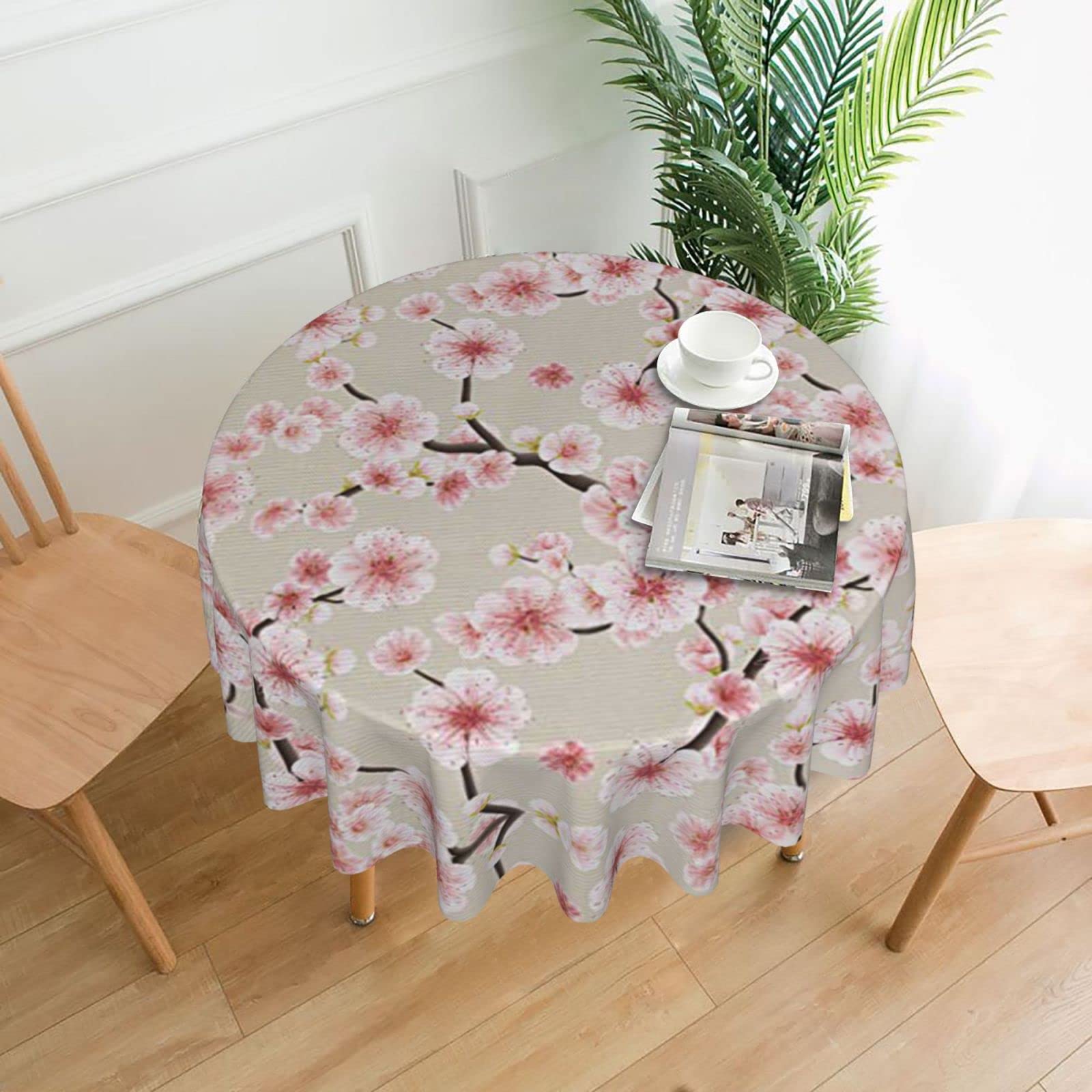 Lawenp Pink Cherry Blossoms Decorative Round Table Cloths - 60 Inches in Diameter for Buffet Tables, Parties, Holiday Dinners.