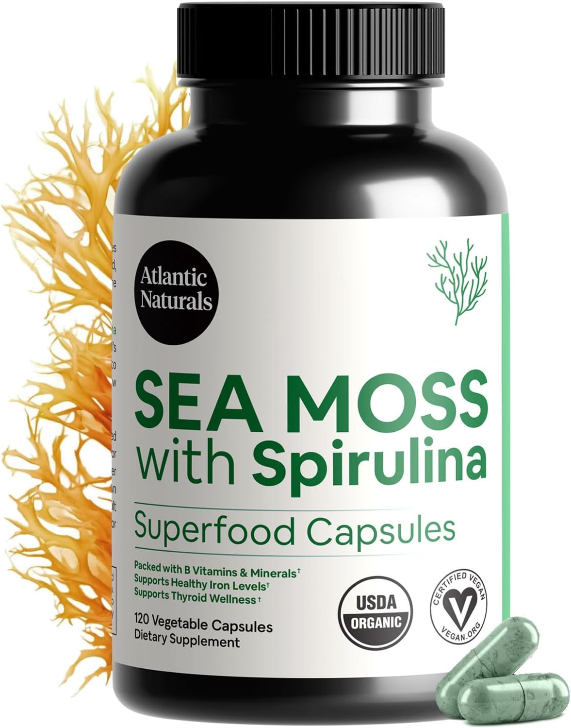 Atlantic Naturals Sea Moss with Spirulina Superfood Capsules - Multivitamin Supplement Supports Healthy Iron and Immune Health, Alternative to Seamoss Gel and Powder - Irish Sea Moss Capsules (120 ct)