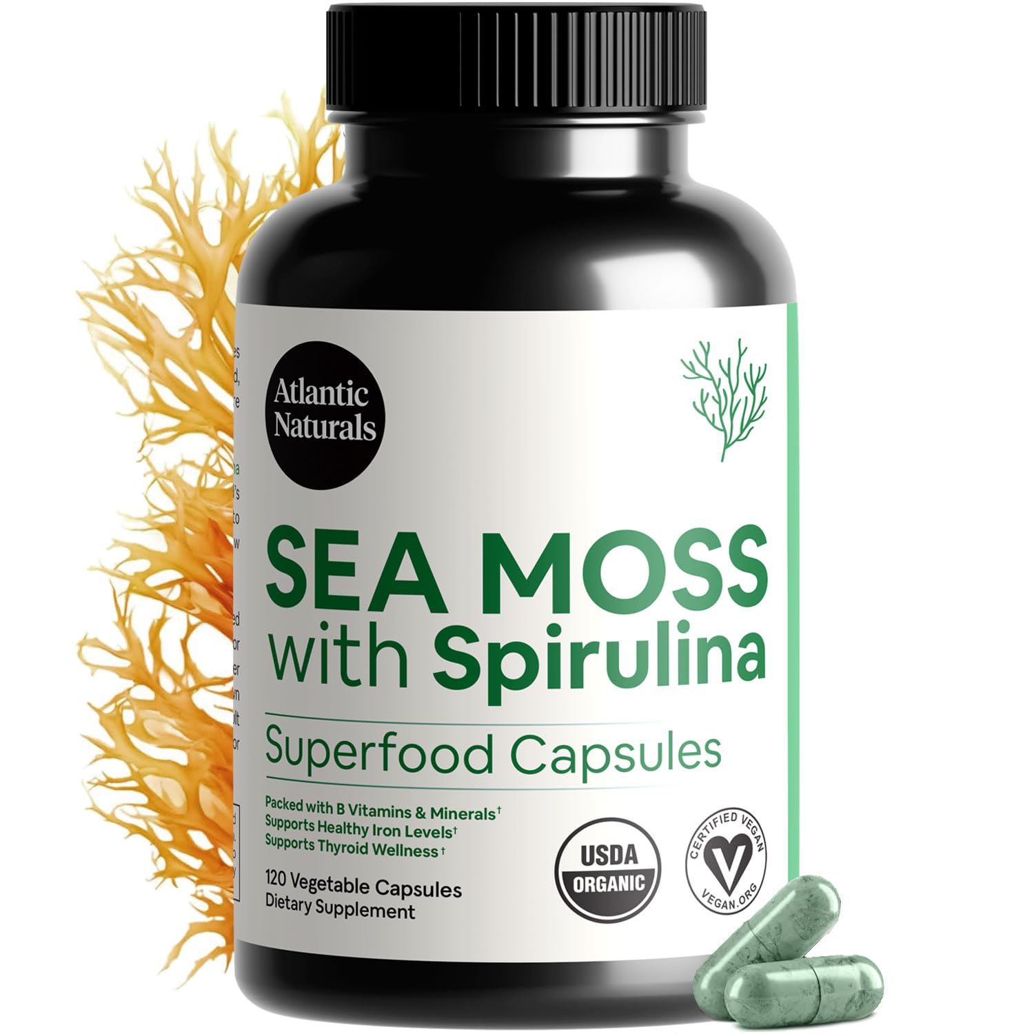 Atlantic Naturals Sea Moss with Spirulina Superfood Capsules - Multivitamin Supplement Supports Healthy Iron and Immune Health, Alternative to Seamoss Gel and Powder - Irish Sea Moss Capsules (120 ct)