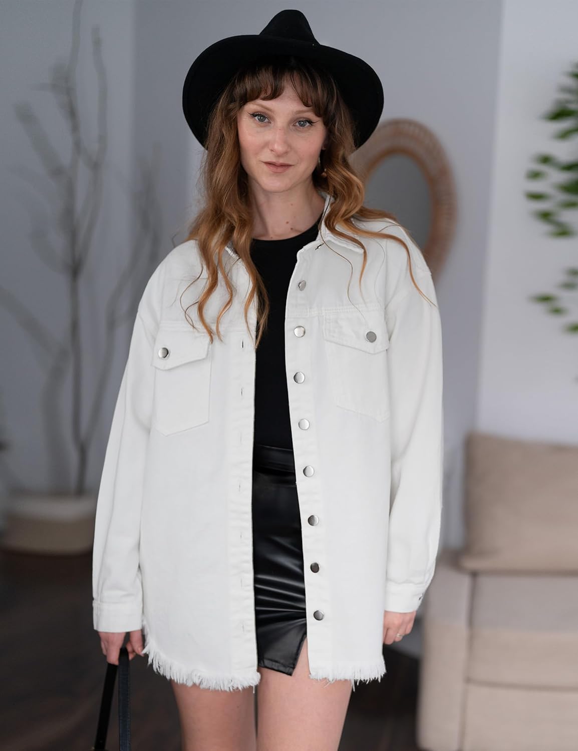 luvamia Denim Jacket for Women Oversized Button Down Casual Jean Shacket Jackets Long Sleeve Frayed Hem Western Trendy - Image 2