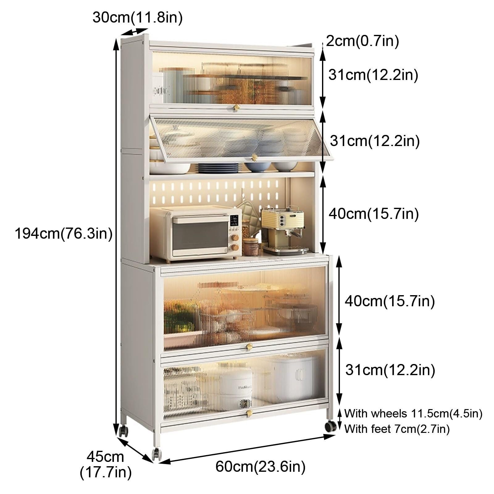 Scaffale da cucina a 6 ripiani con anta a ribalta, piedini regolabili, salvaspazio, supporto per forno a microonde e nero, 60 cm, perfetto per piccoli spazi