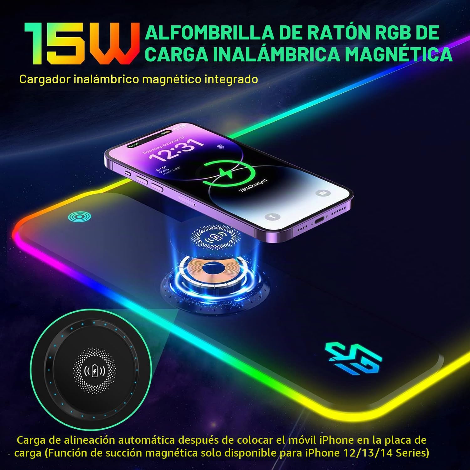 GIM RGB Alfombrilla de Ratón Magnética para Juegos 800x300x4cm con Carga Rápida de 15W Carga Inalámbrica Qi para Teléfono Móvil iPhone 14/14 Pro, Alfombrilla de Ratón LED XXL Impermeable Alfombrilla