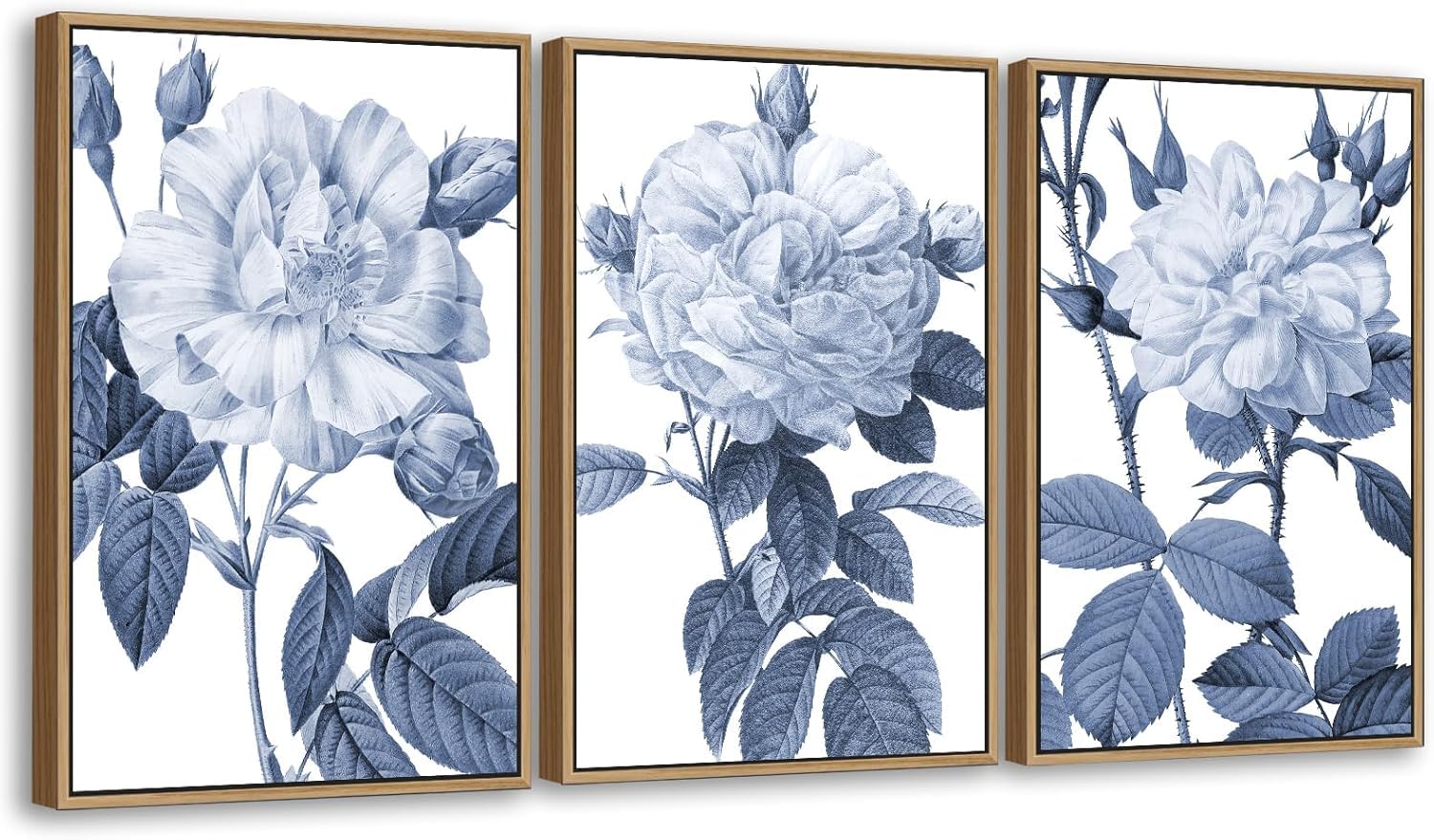 Lianyibo Frameless Large Blue Gray Flowers Canvas Wall Art Rustic Blossom Leaves Botanical Artwork Posters Prints Living Room Office Decor(60X90cmx3/Frameless)