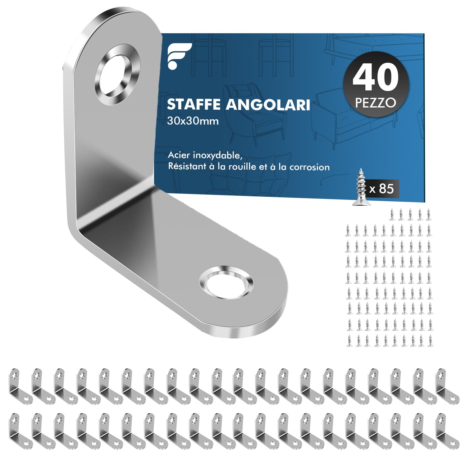 Shinfly Staffe Angolari 40 Pezzi 30 x 30 mm 90° Per Legno Con Viti