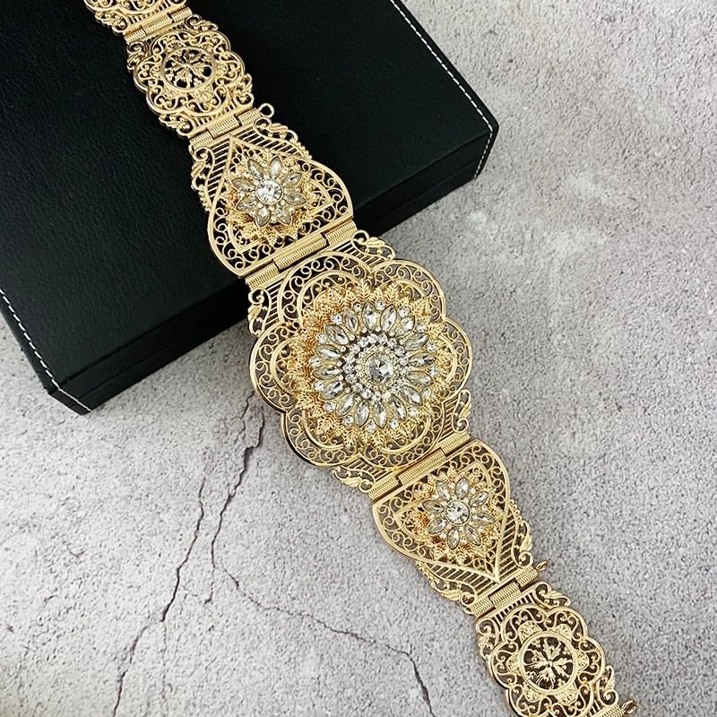 Marokański filigranowy pas kwiatowy dla kobiet, kryształowy łańcuszek z kryształkami, elegancka biżuteria ślubna w stylu kaftan i suknia