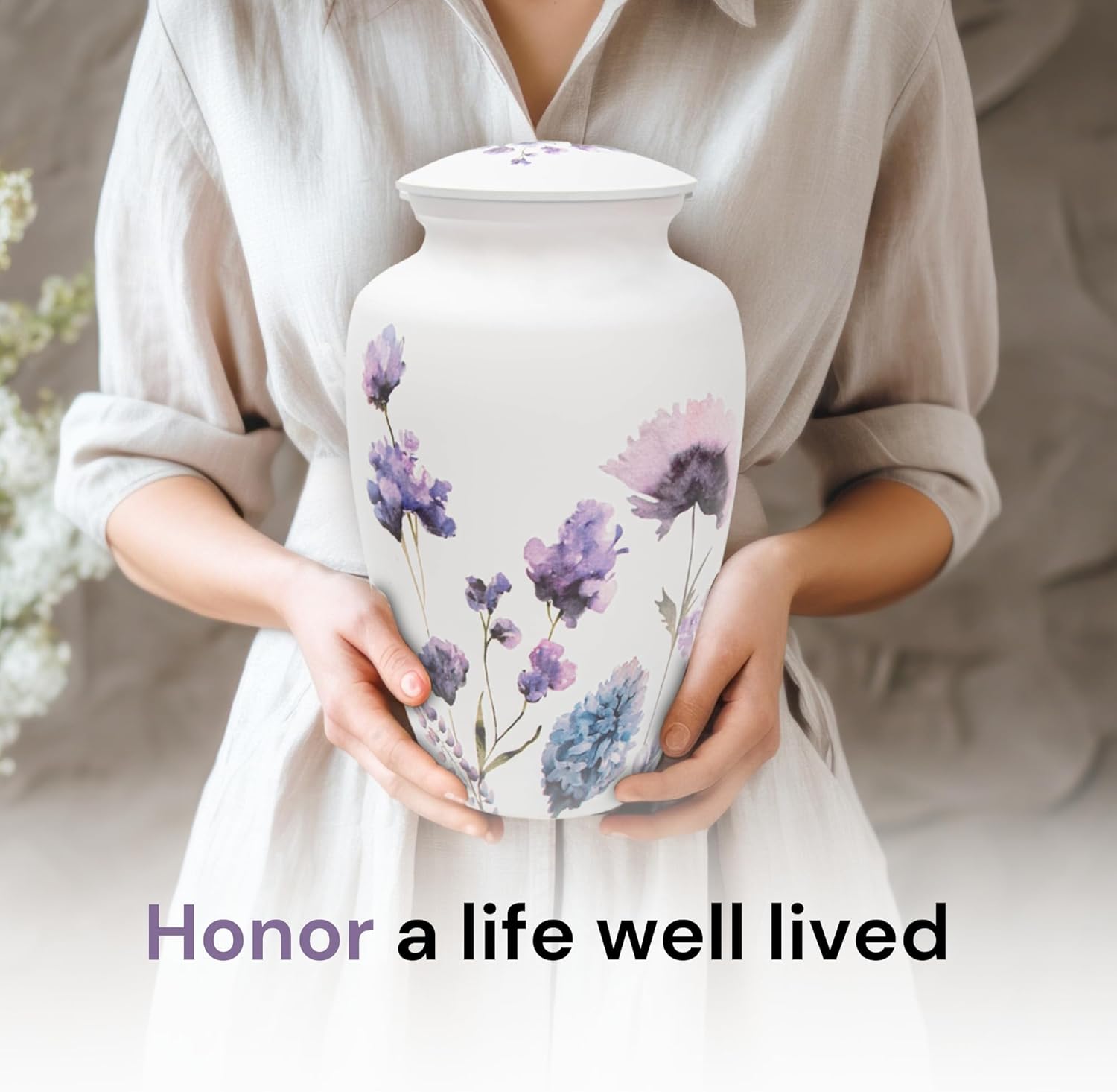 Cremation Urns for Human Ashes Adult Female | Human Urn for Ashes for Women | Decorative for Cremation, Funeral, Burial, Home | Handcrafted Large Size - Purple Flower