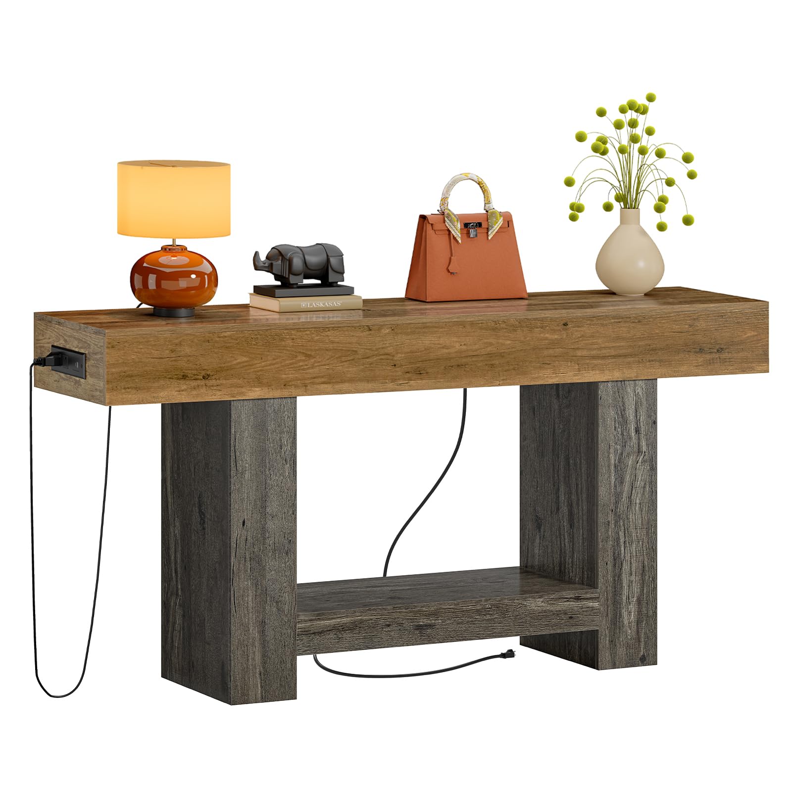 63" Entryway Table with Smart RGB Lights and Charging Station, Narrow Console Table with App-Controlled and Music Sync, Farmhouse Entry Way with Open Storage for Living Room, Hallway, Behind Couch