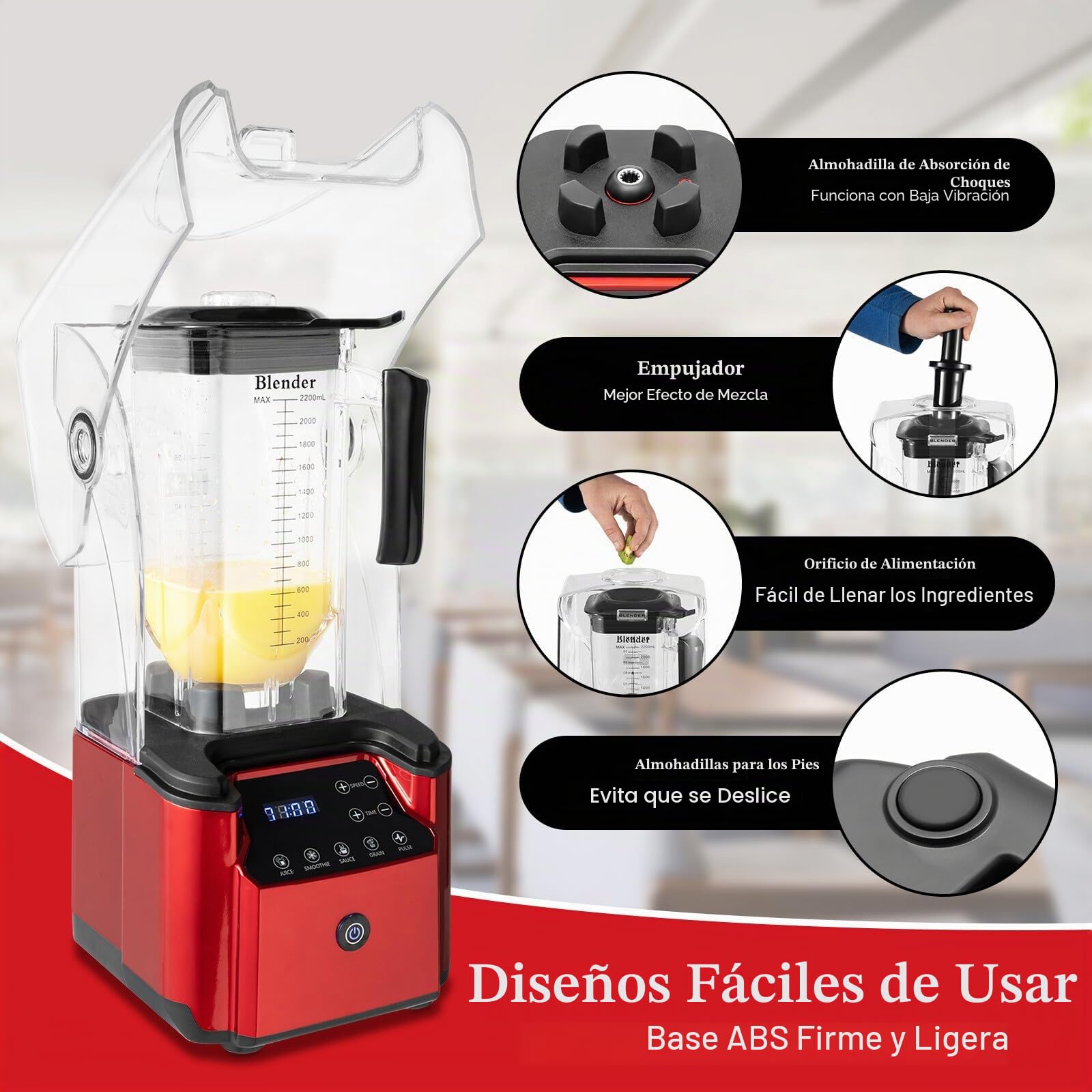 Batidora de 6 hojas de acero soplado de alto rendimiento con aislamiento acústico, batidora universal inteligente táctil inteligente para batidos, insonorizada, 2,2 litros, 2200 W