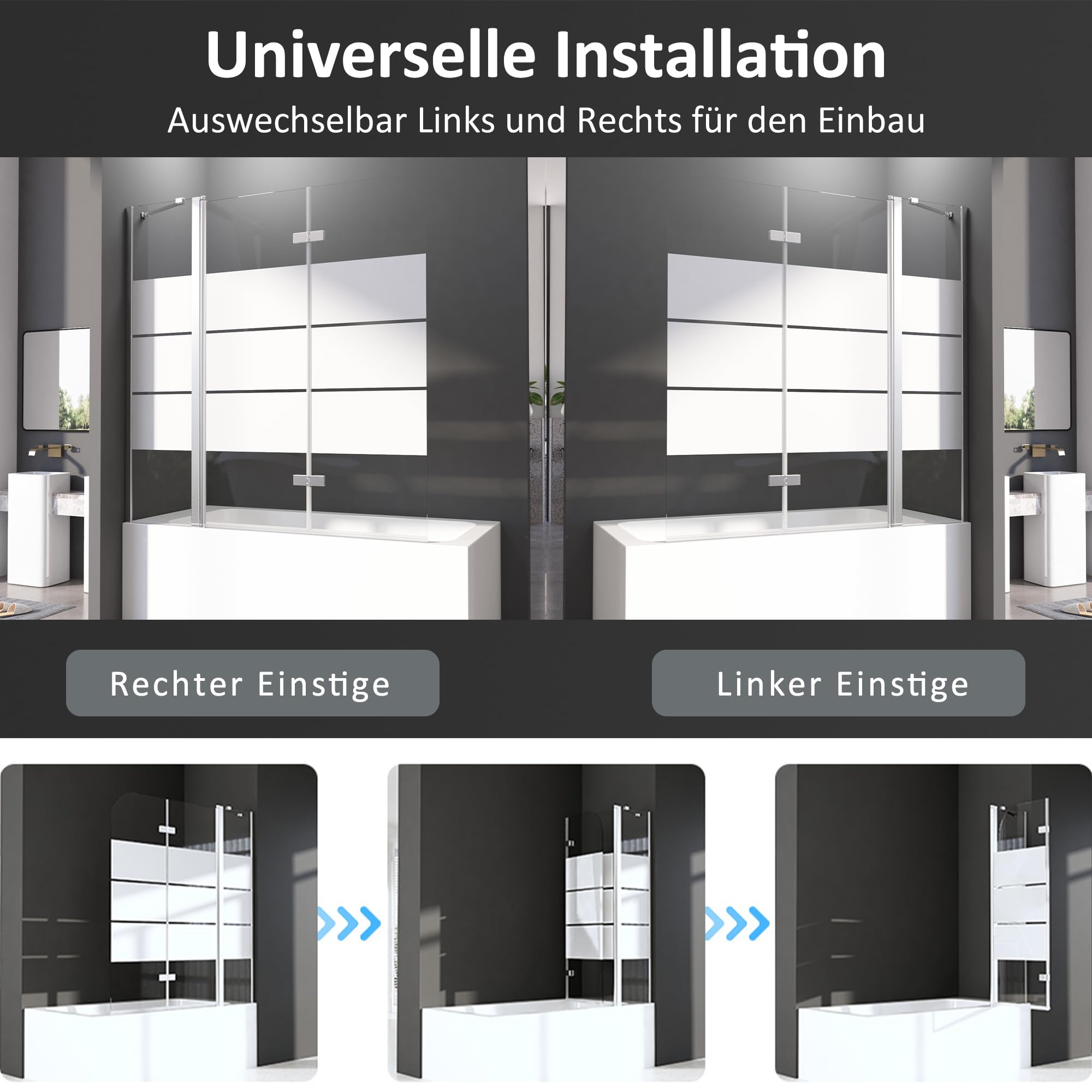 Duschwand für Badewanne mit Stabilisator und Festteil 2 teilig faltbar 160 x 140 cm Gestreift Badewannenfaltwand Duschtrennwand 6mm Nano Glas Duschabtrennung Badewanne