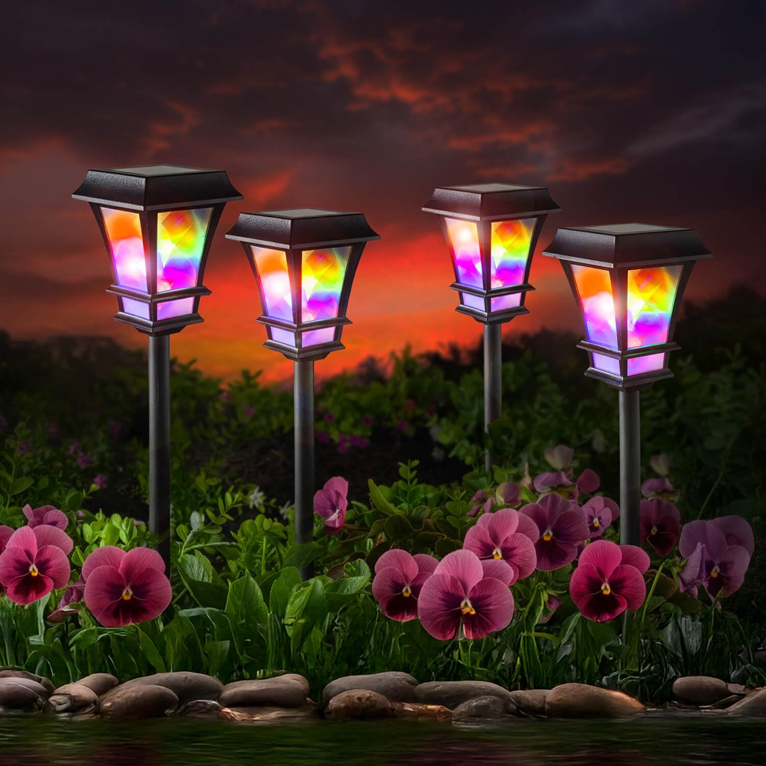 Coopers of Stortford - Set of 4 Solar Stake Lights with Galaxy Effect Lanterns - Outdoor Garden Path Lights with Automatic Dusk Illumination