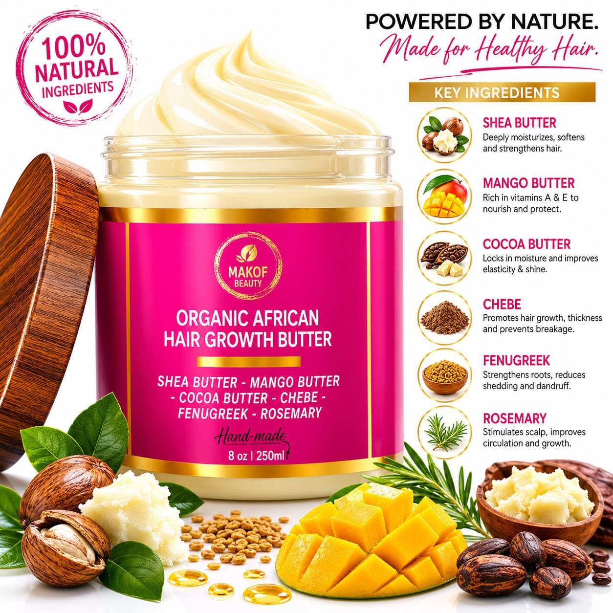 Chebe Hair Growth & Thickening Butter with Shea, Cocoa, Mango Butter, 8 oz