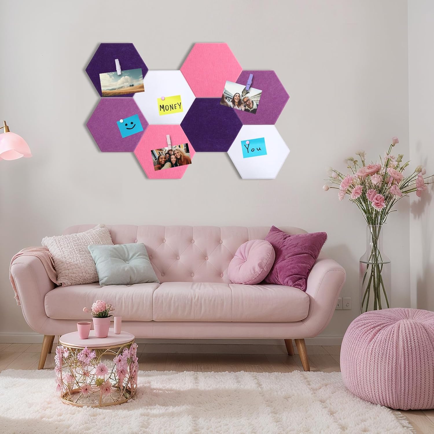 Mooliwe 8 Pcs 12" Large Hexagon Felt Cork Bulletin Board Tiles Self Adhesive DIY Pin Board with 50 Push Pins and 10 Colored Clips, Wall Decor for Office Home Kitchen Photos Memos(Pink)