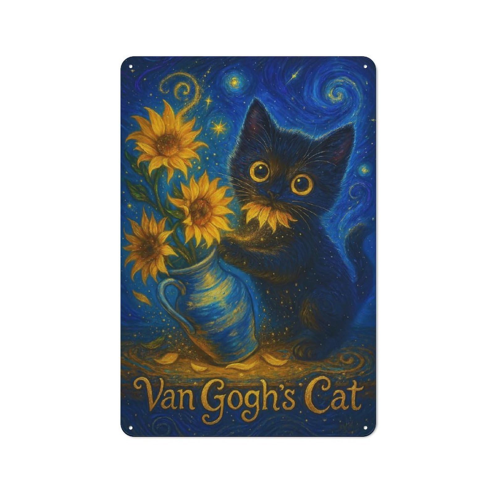 Junmoney Starry Night Black Cat With Sunflowers For Garden Room Or Summerhouse, Rustic Tin Sign 30X20cm, Wall Decor For Garden Rooms And Summerhouses