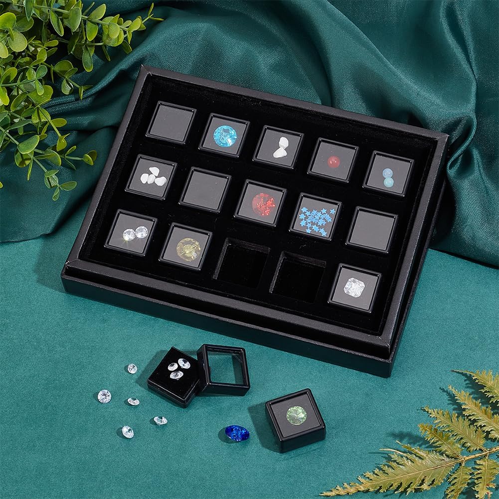PH PandaHall Gemstone Display Boxes, Black Plastic Gem Box Loose Diamond Conrainers Jewelry Holder with 1.16" 15pcs Small Black Square Storage Box with Sponge for Small Item, Gems, Diamonds
