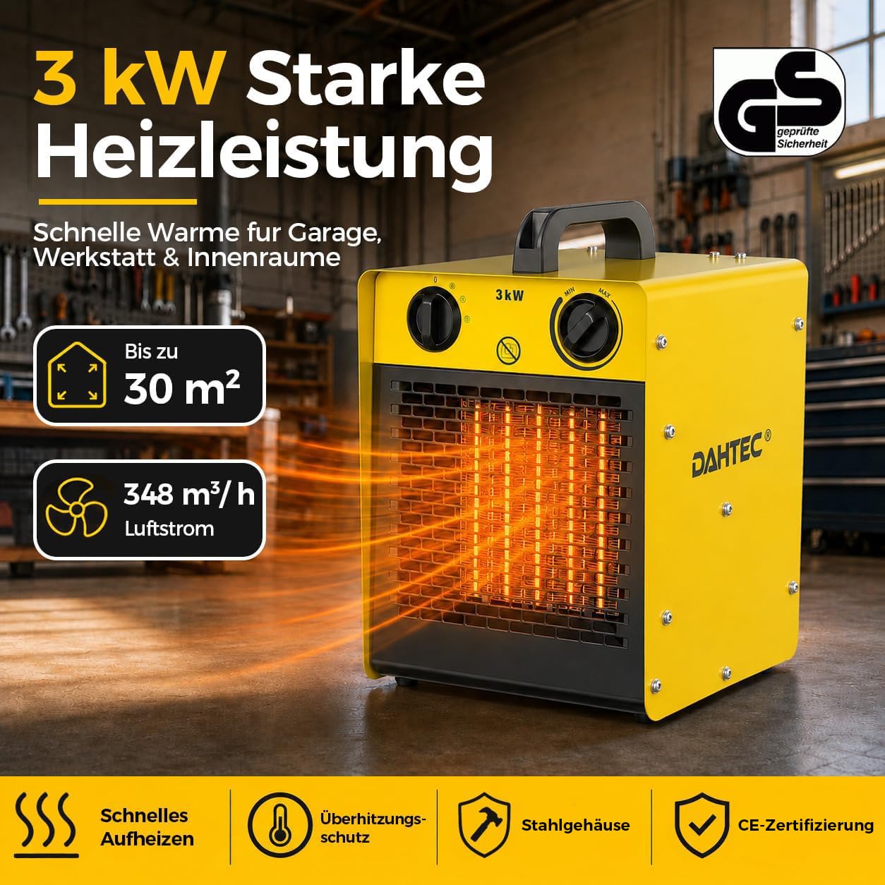 DAHTEC Heizlüfter 3000W Keramik mit Thermostat, 3 Stufen, Klein & Tragbar