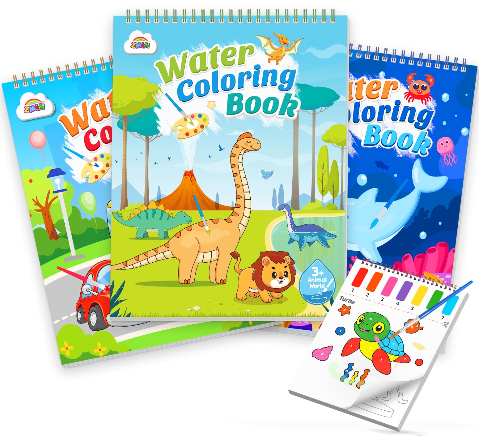 ZMLM Dipingi con Libro da Colorare ad Acqua per Bambini, Libro di Pittura ad Acquerello con Pennello, Libro Magico da Colorare Acqua per Bambini 3 4 5 6 7 8 Anni (Traffico+Oceano+Dinosauri)