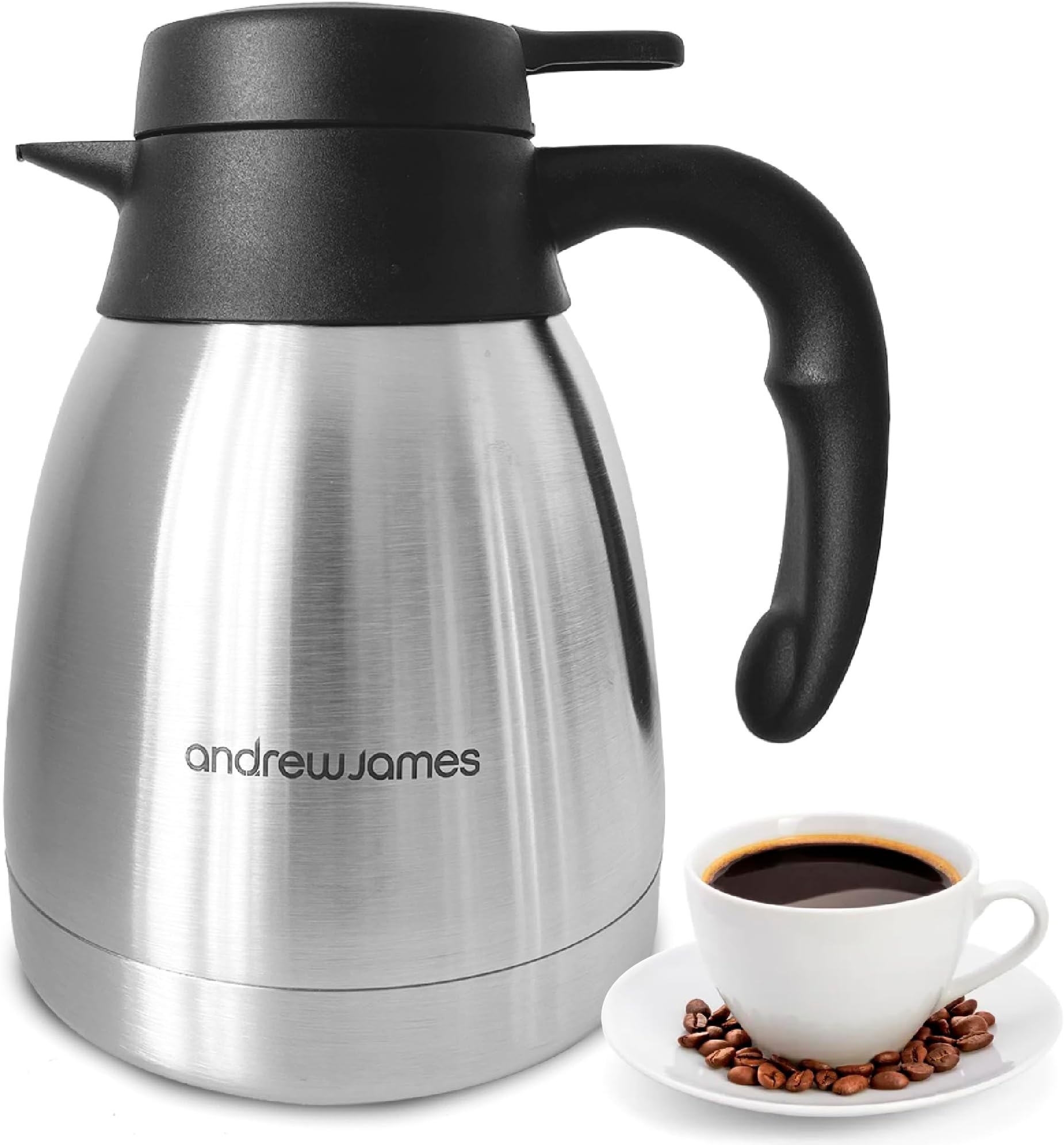 Andrew James 1L Thermal Coffee Carafe Double Walled Vacuum Jug, Stainless Steel Insulated Tea & Coffee Pot for Hot and Cold Drinks, Thermal Jug Flask Leak Proof Dispenser, Durable and Portable