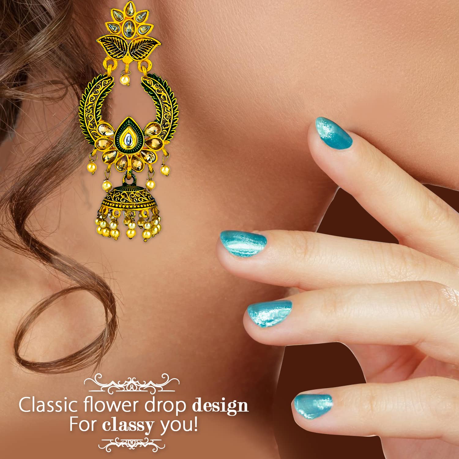 Golden Green Shade Flower Drop Earrings Traditional Ethnic Earpieces