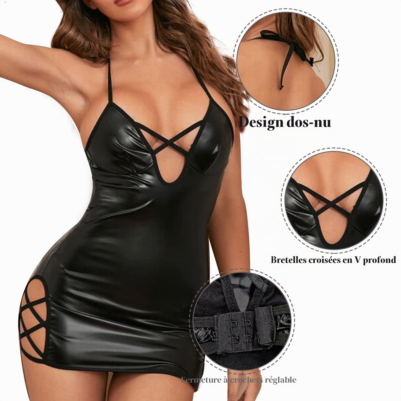 VicSec Sexy PU Leather Dress with Cross Straps Backless Gothic Punk Dress Halter Sleeveless Clubwear Nightwear for Party S Halloween Christmas
