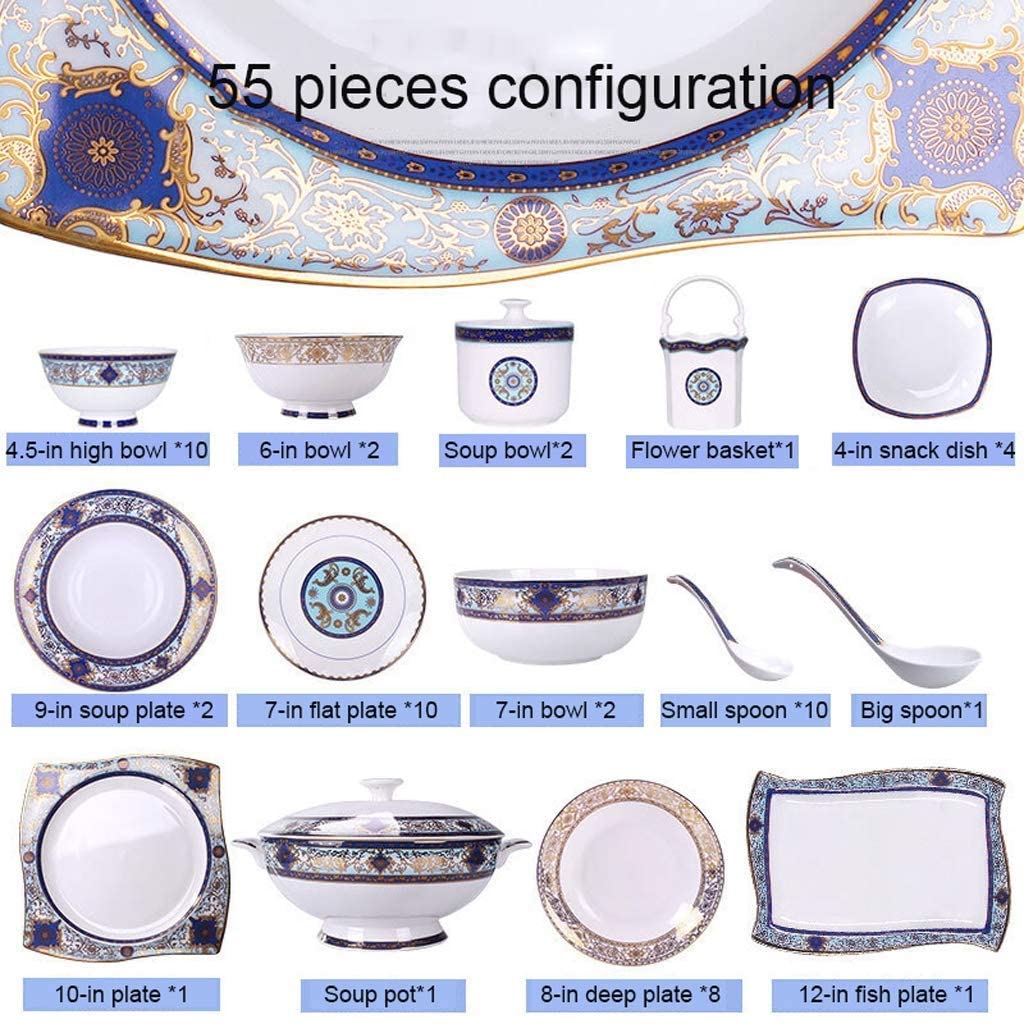 SAeWare Juego de vajilla de cerámica con 55 piezas/cuenco/olla de sopa/cuchara, vajilla de porcelana de hueso, juego de combinación de porcelana con patrón de jardín azul